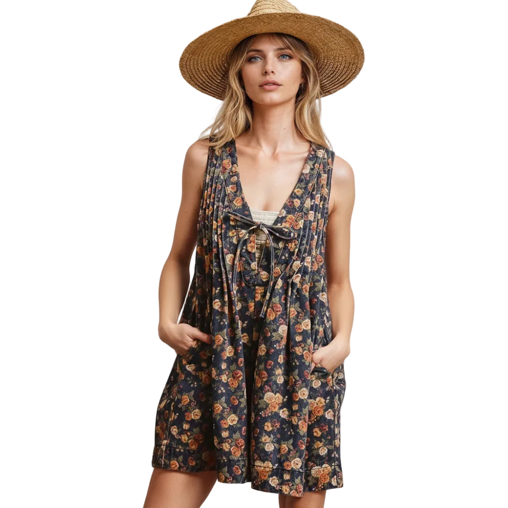 Vintage Floral Washed Denim Romper