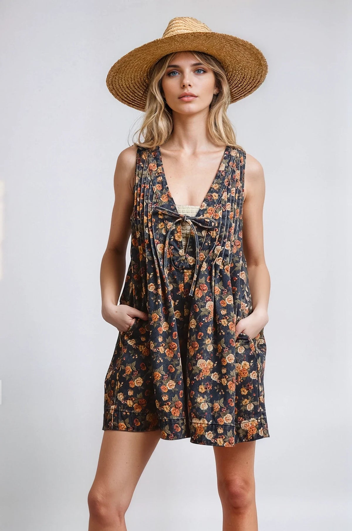 Vintage Floral Washed Denim Romper