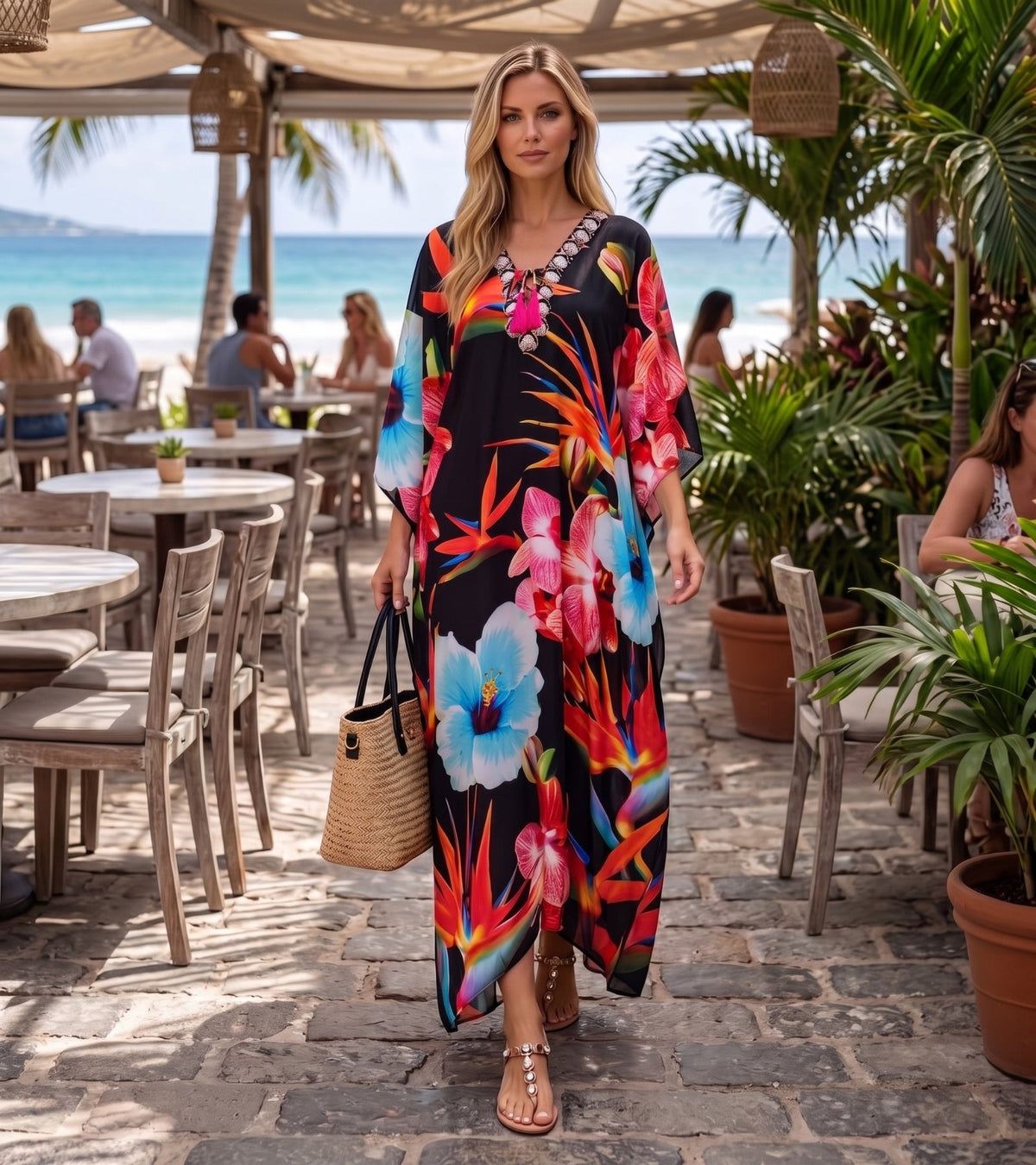 Flowy Rhinestone V-Neck Caftan Dress
