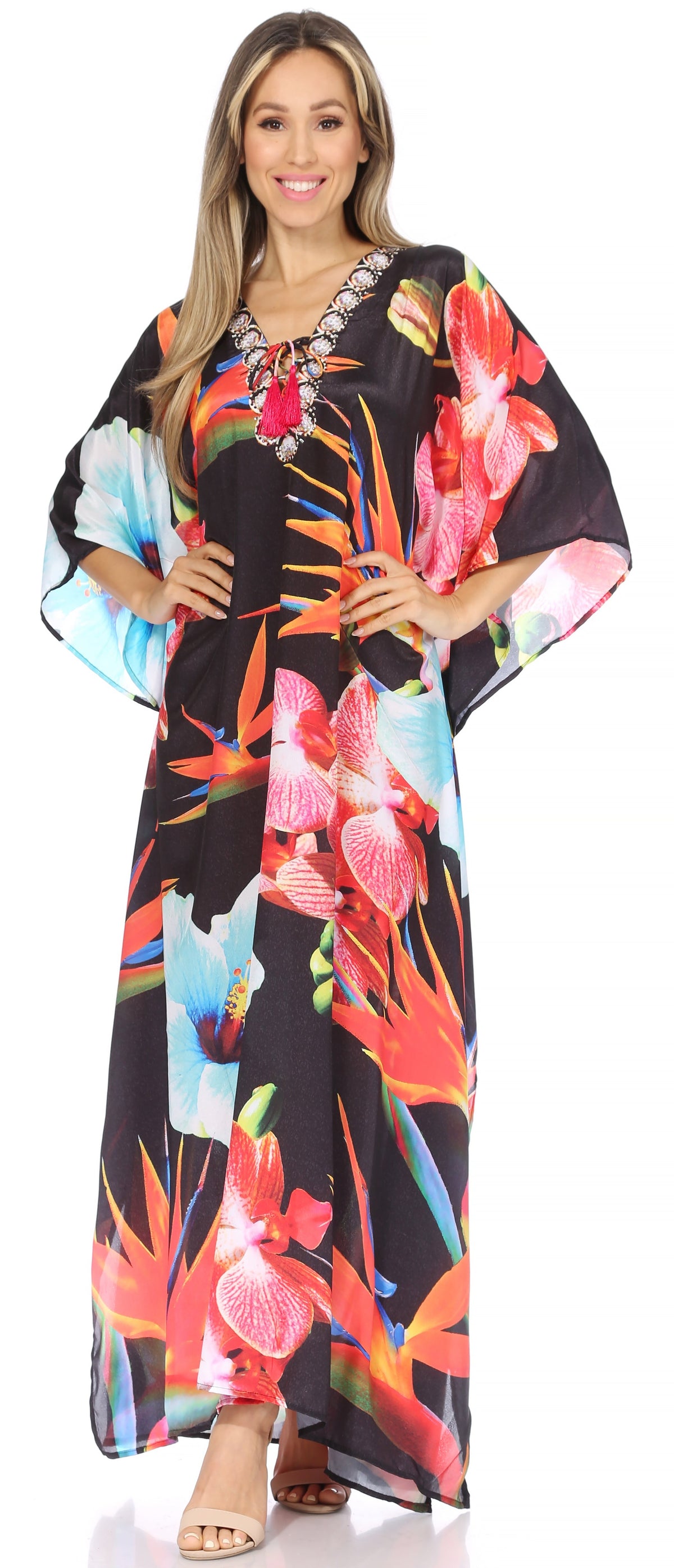 Flowy Rhinestone V-Neck Caftan Dress