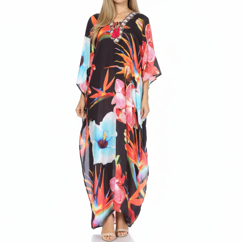 Flowy Rhinestone V-Neck Caftan Dress