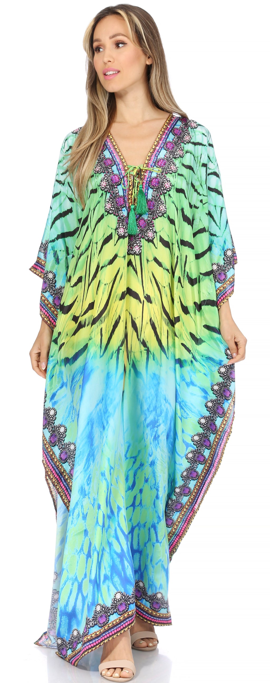 Flowy Rhinestone V-Neck Caftan Dress