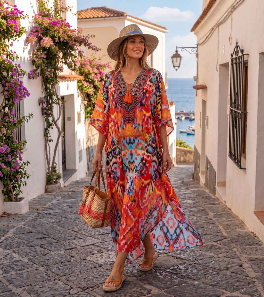 Flowy Rhinestone V-Neck Caftan Dress