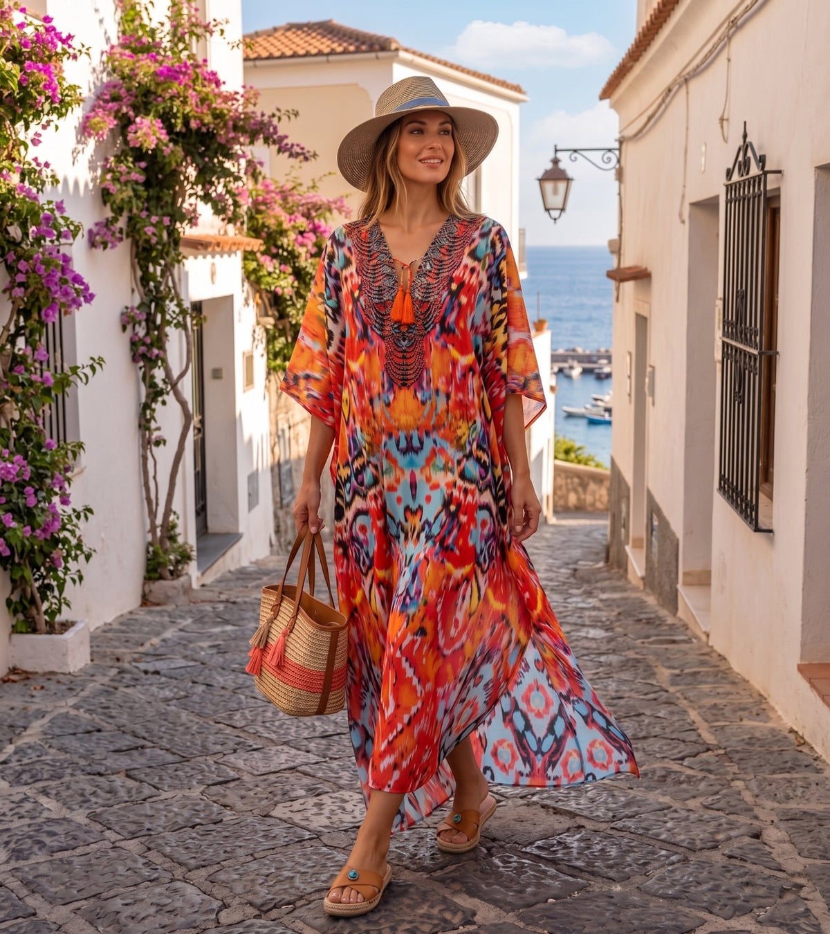Flowy Rhinestone V-Neck Caftan Dress