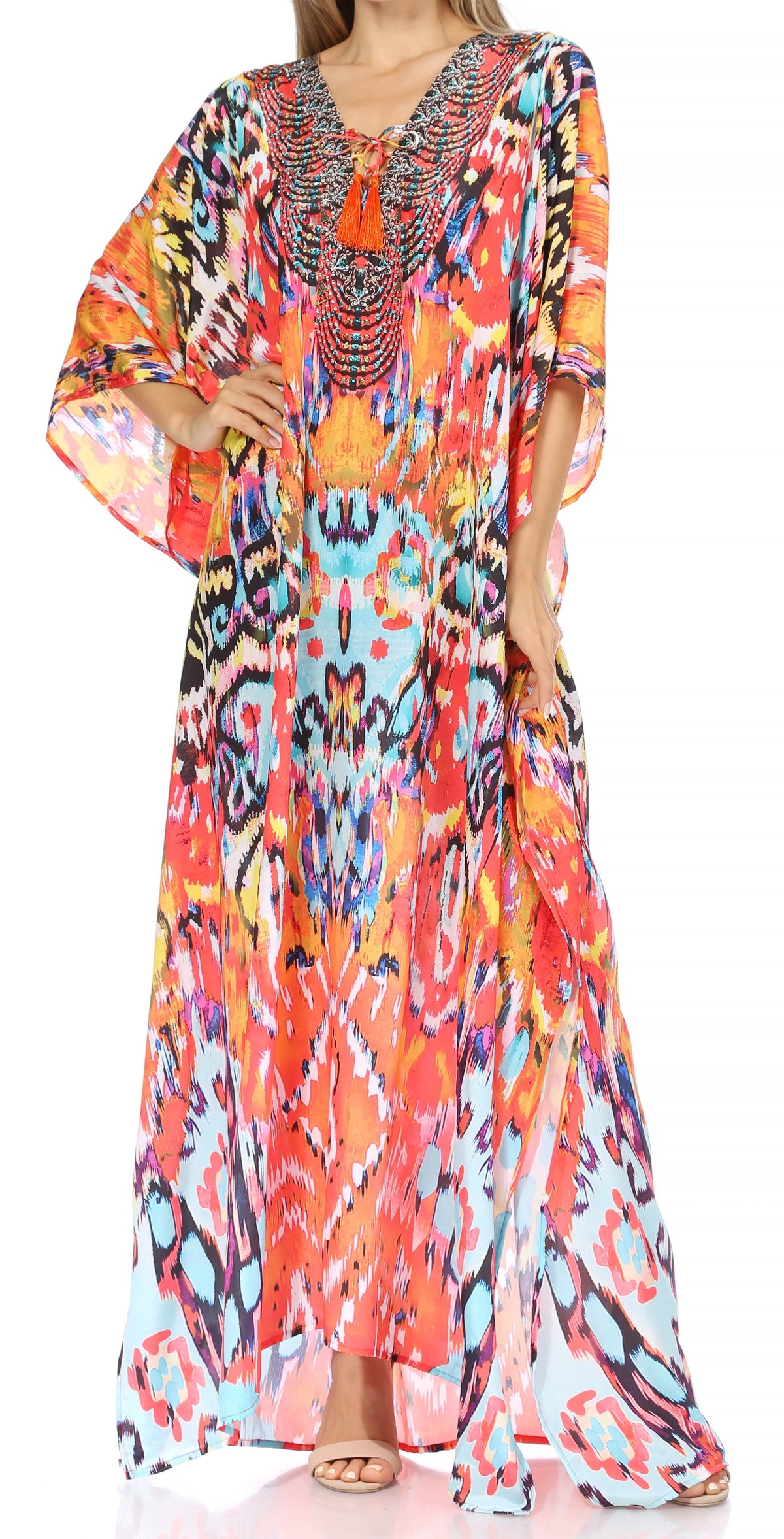 Flowy Rhinestone V-Neck Caftan Dress