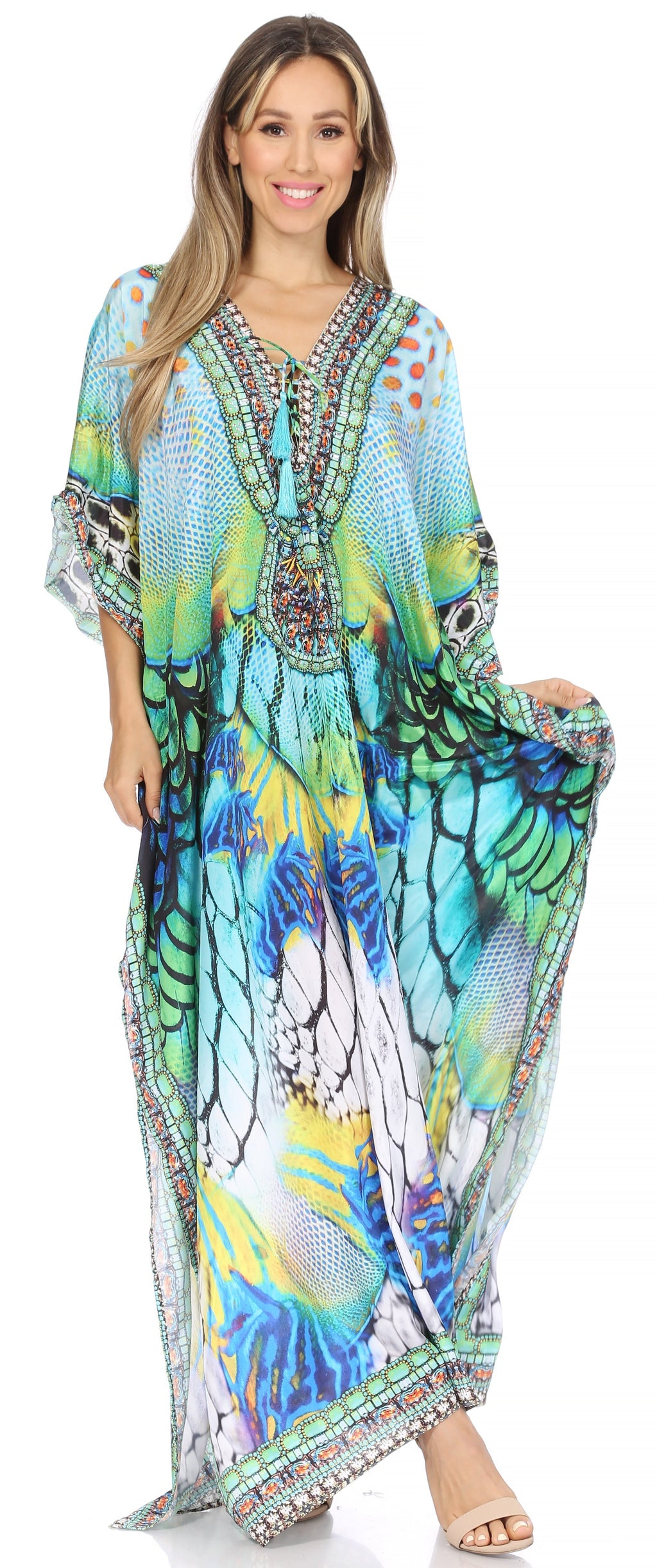 Flowy Rhinestone V-Neck Caftan Dress