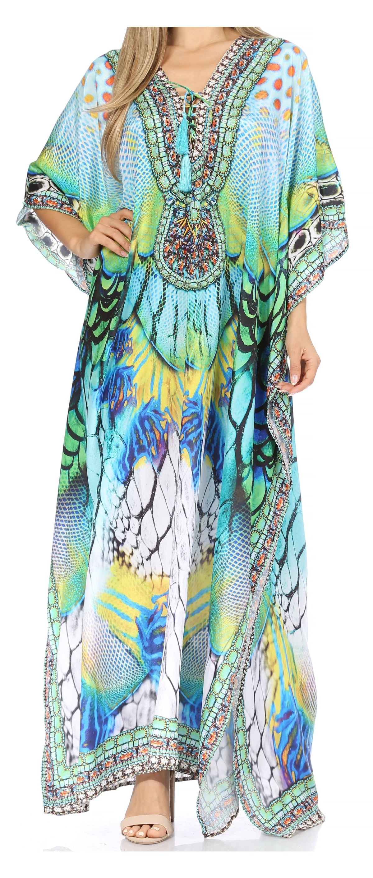 Flowy Rhinestone V-Neck Caftan Dress