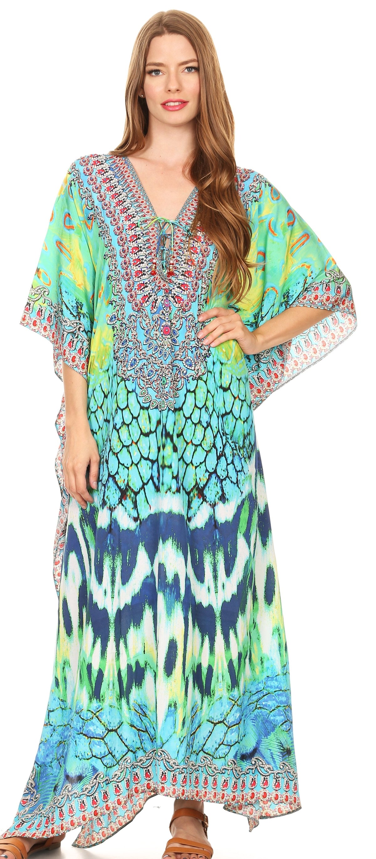 Flowy Rhinestone V-Neck Caftan Dress