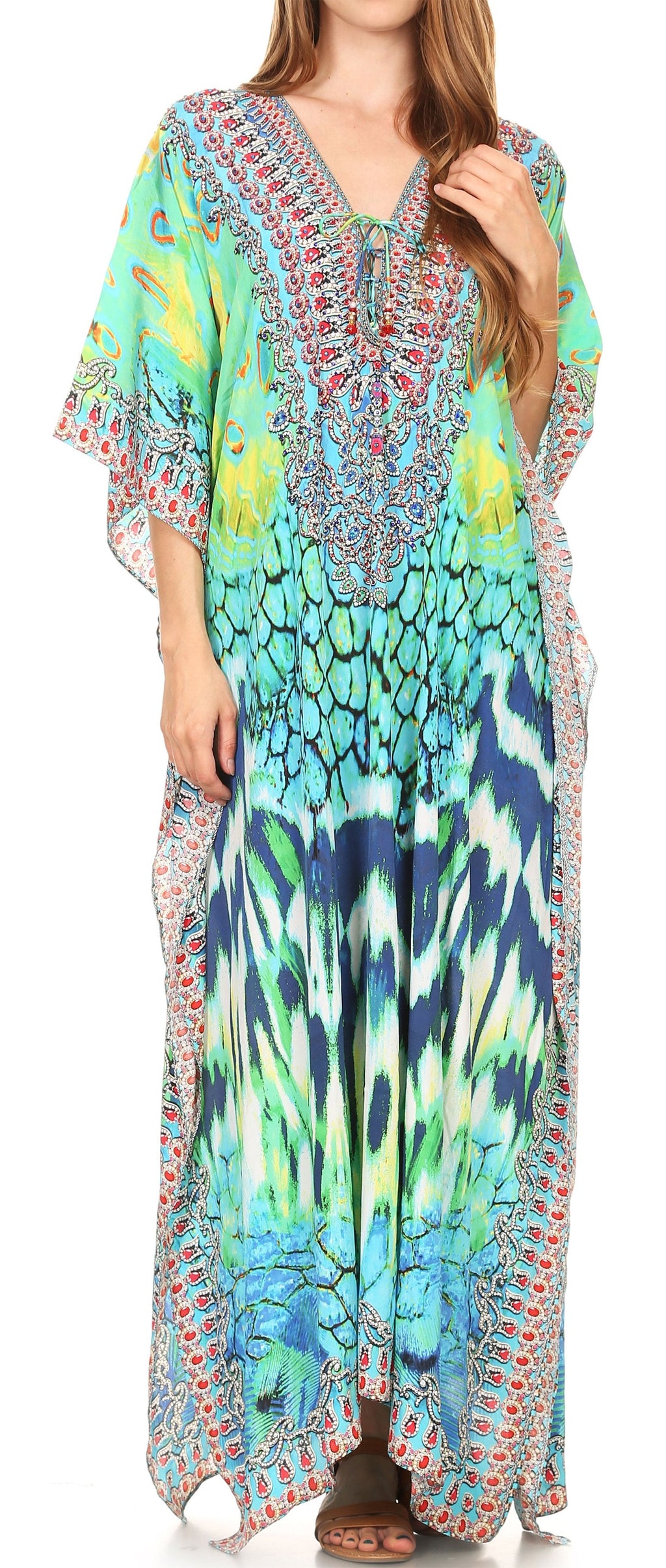 Flowy Rhinestone V-Neck Caftan Dress