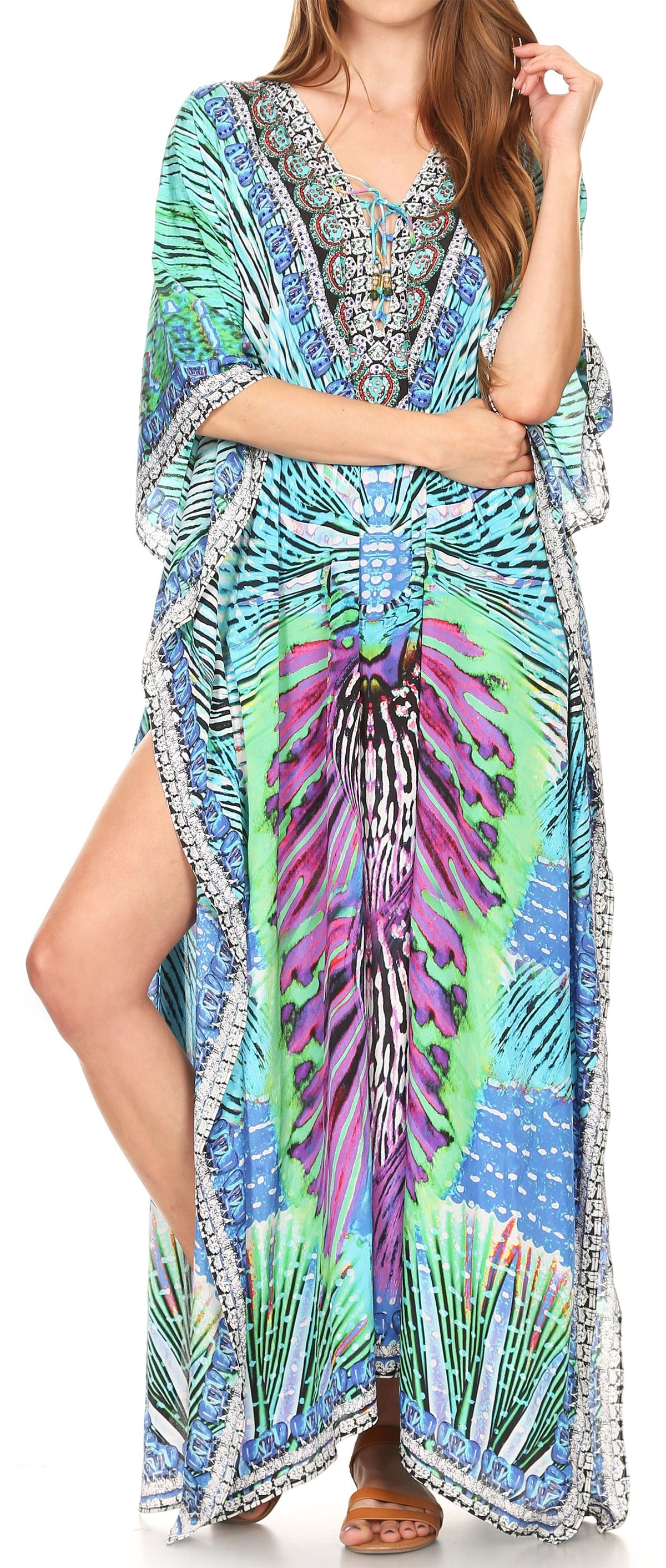 Flowy Rhinestone V-Neck Caftan Dress