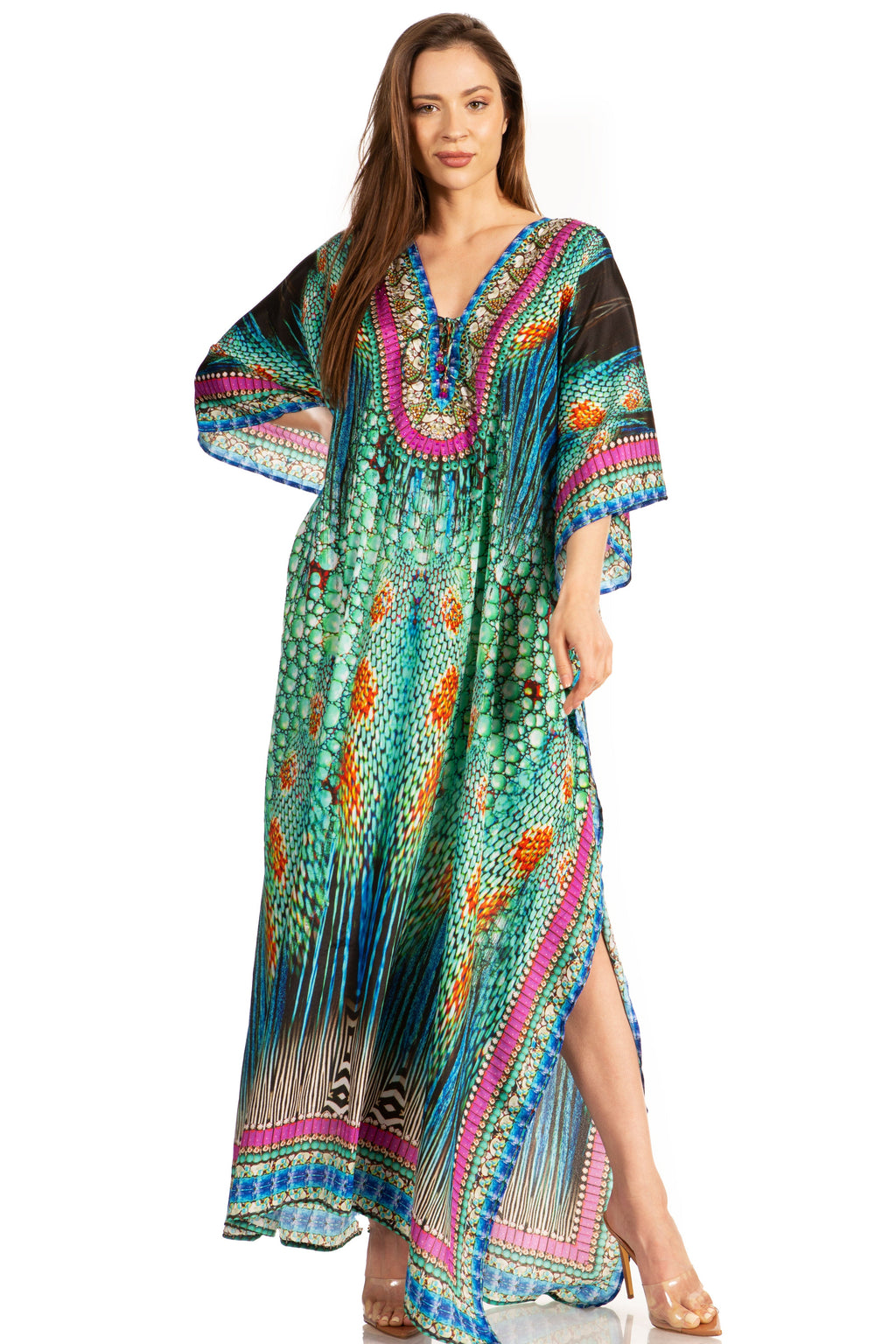 Flowy Rhinestone V-Neck Caftan Dress