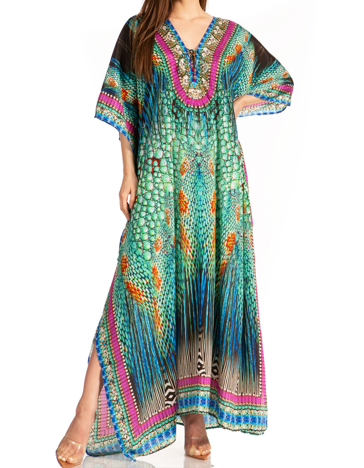 Flowy Rhinestone V-Neck Caftan Dress