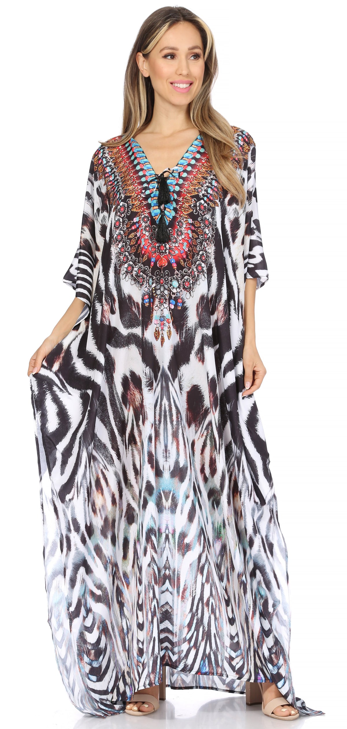 Flowy Rhinestone V-Neck Caftan Dress