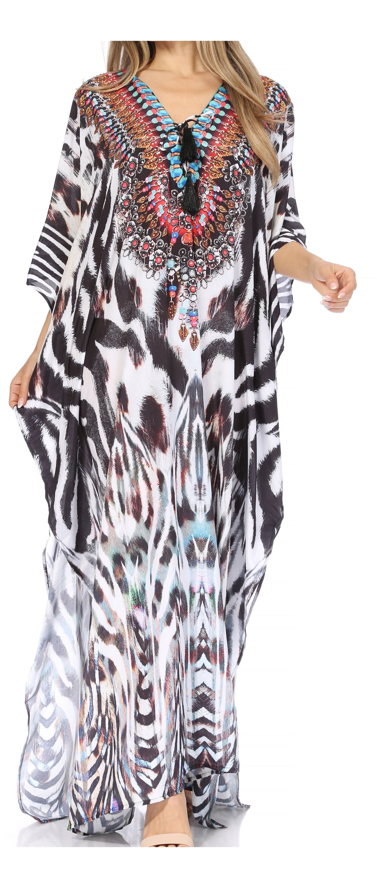 Flowy Rhinestone V-Neck Caftan Dress