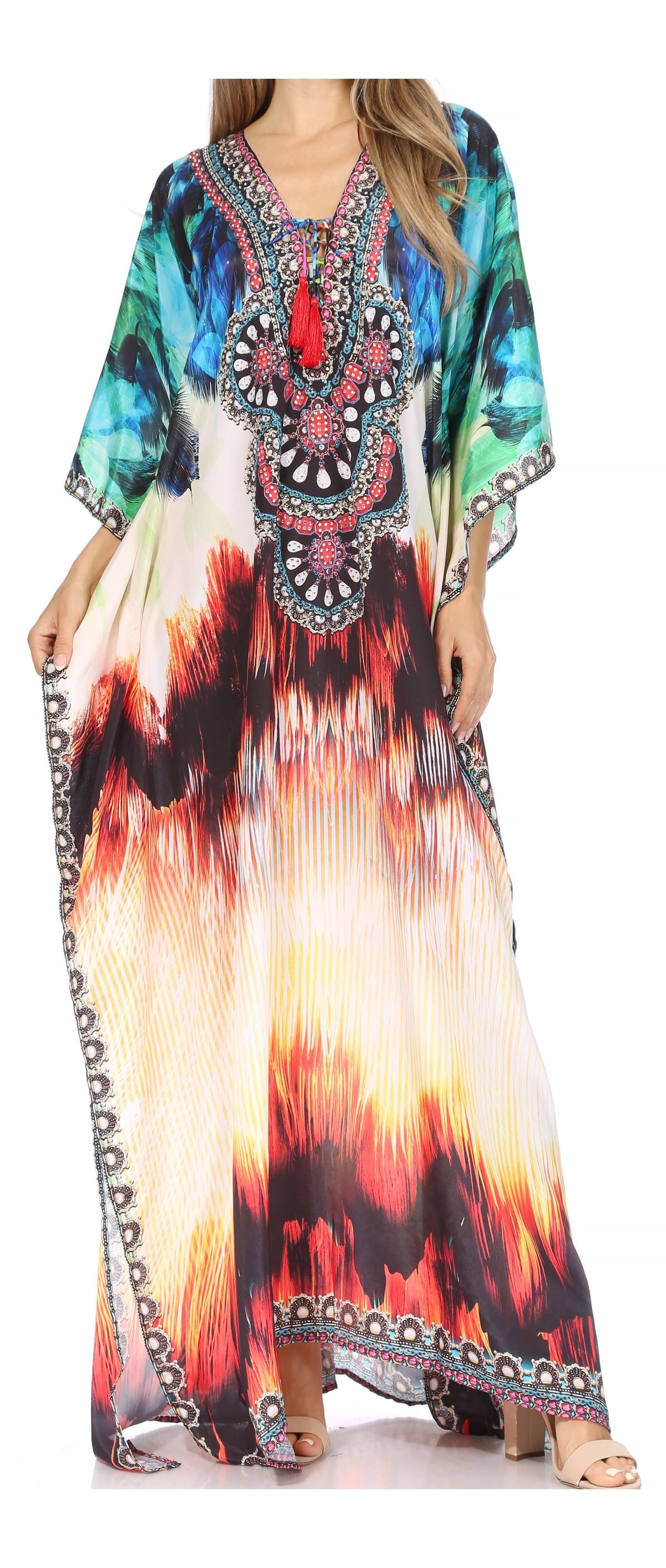 Flowy Rhinestone V-Neck Caftan Dress