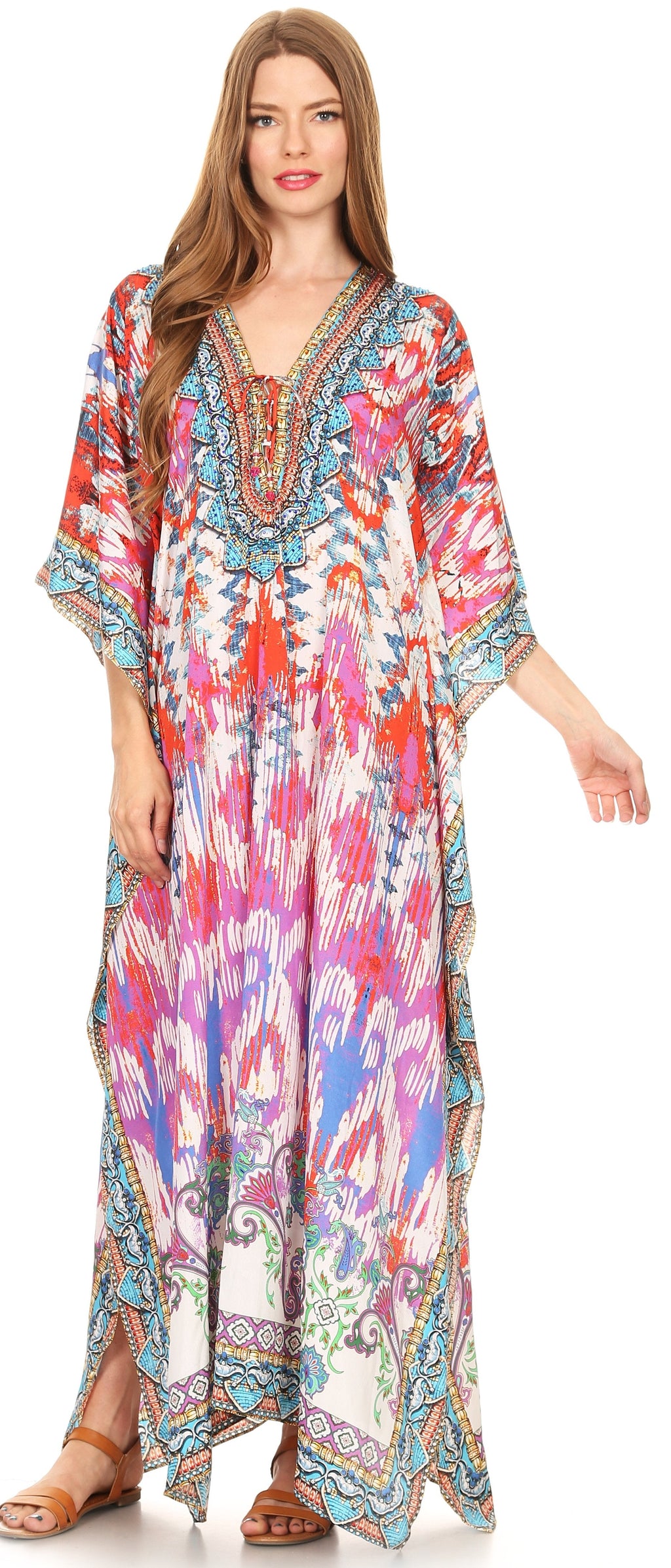 Flowy Rhinestone V-Neck Caftan Dress