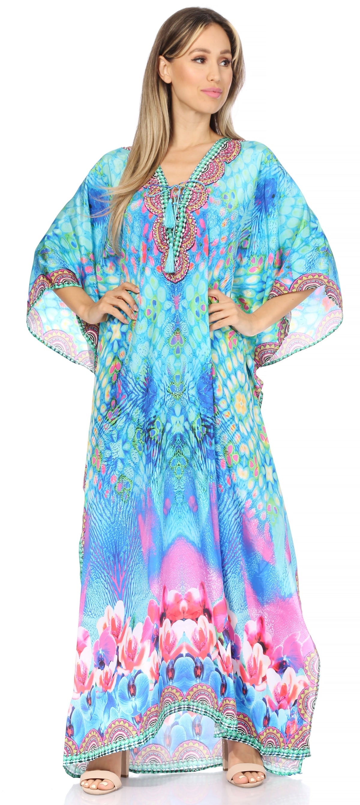 Flowy Rhinestone V-Neck Caftan Dress