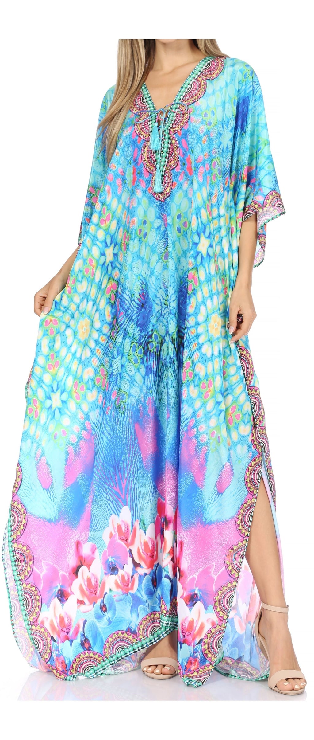 Flowy Rhinestone V-Neck Caftan Dress