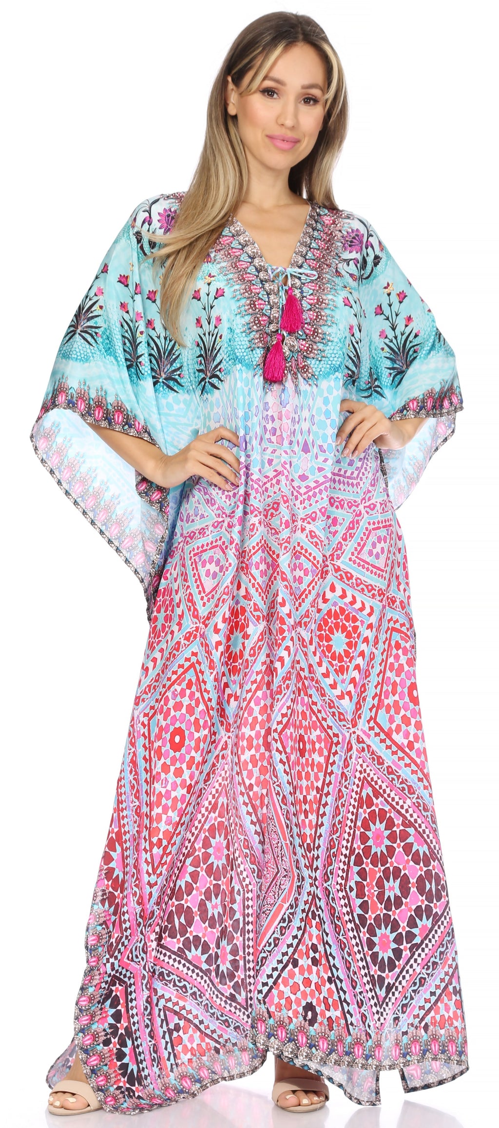 Flowy Rhinestone V-Neck Caftan Dress