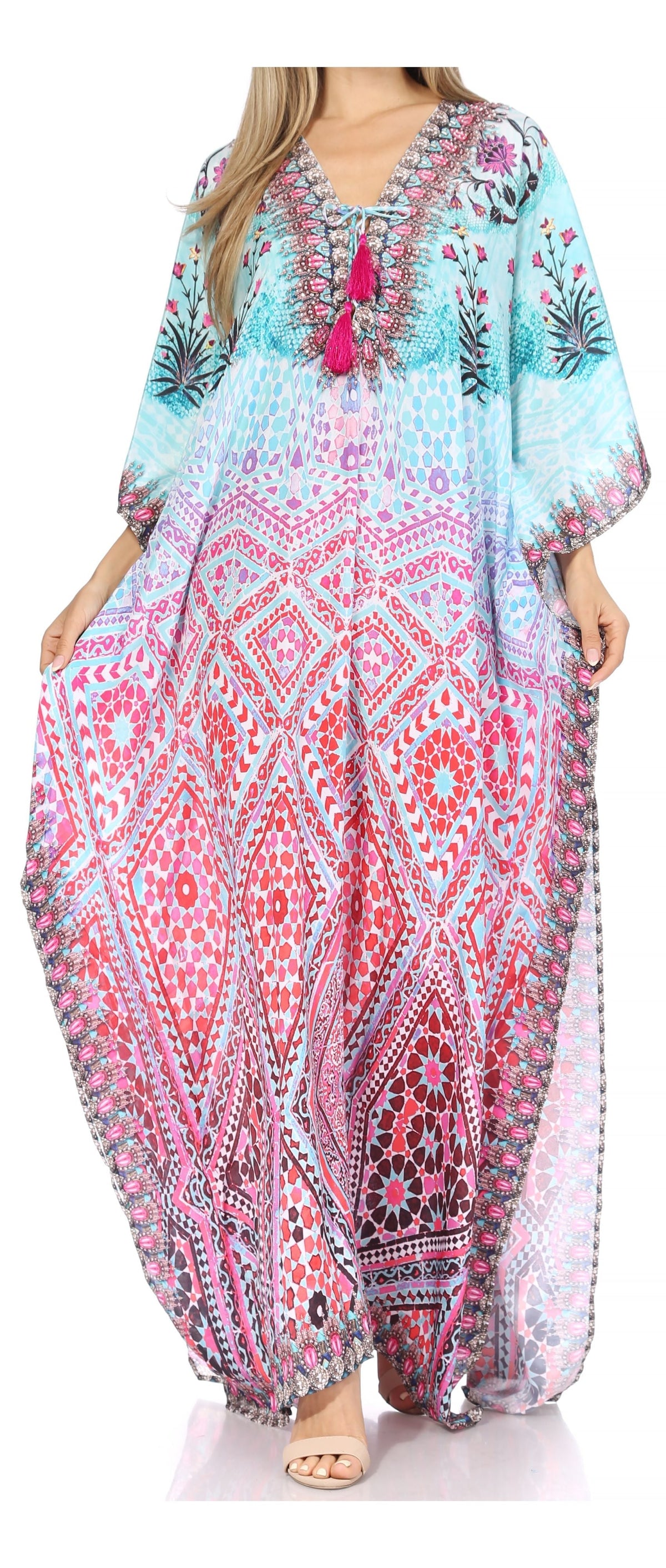 Flowy Rhinestone V-Neck Caftan Dress