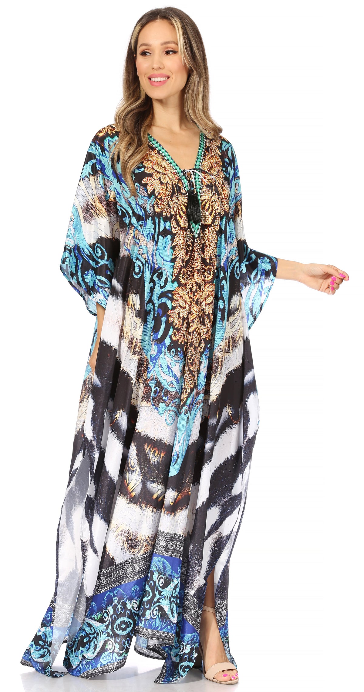Flowy Rhinestone V-Neck Caftan Dress