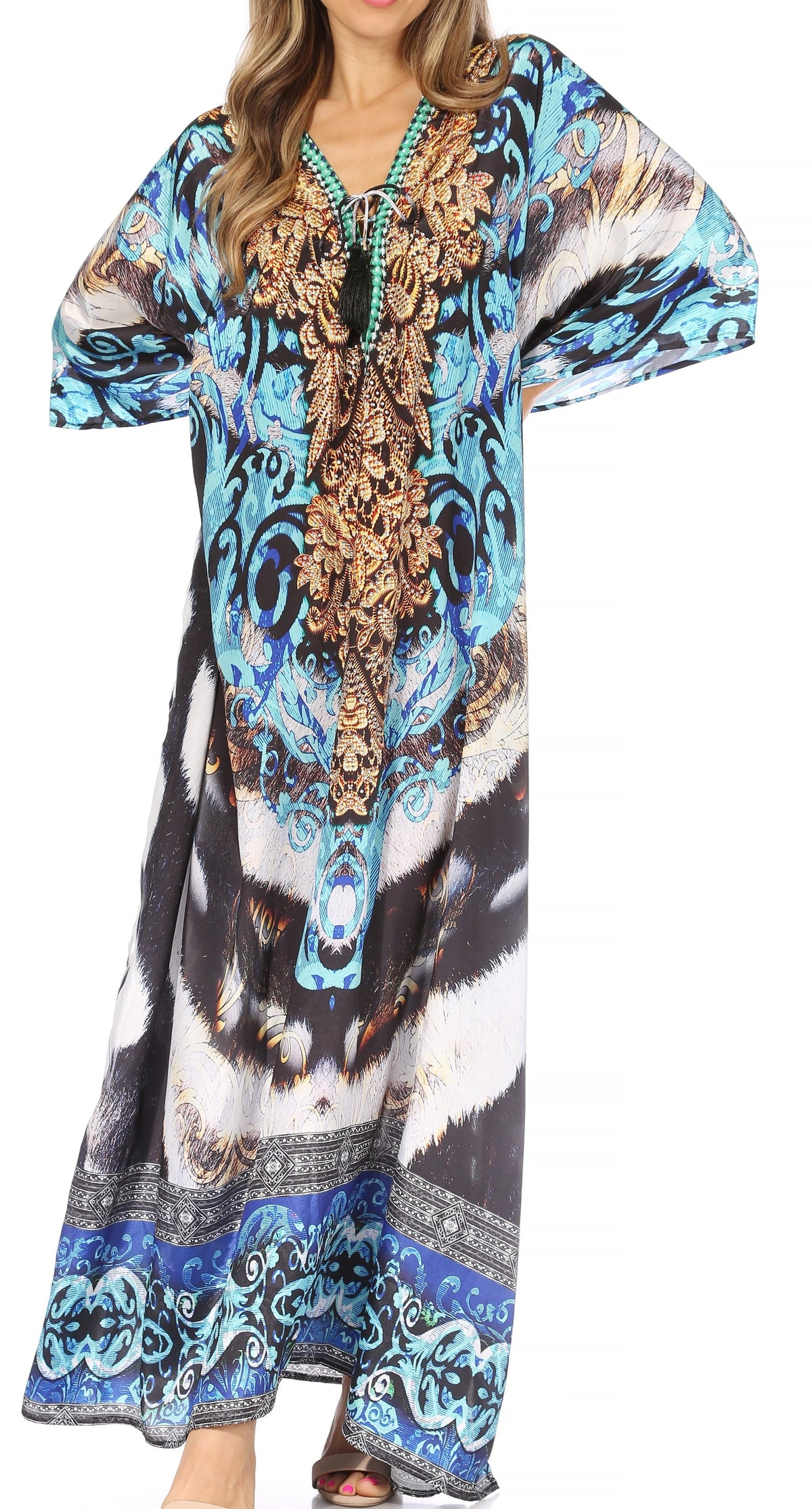 Flowy Rhinestone V-Neck Caftan Dress