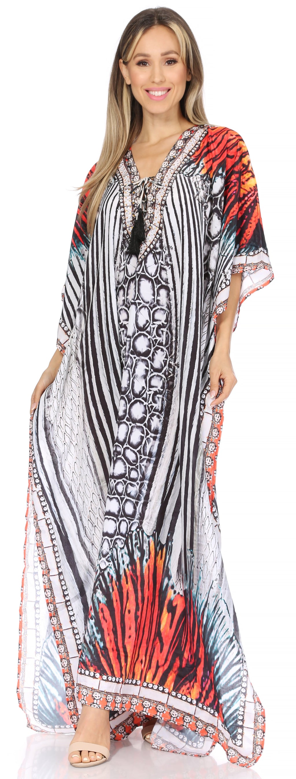 Flowy Rhinestone V-Neck Caftan Dress