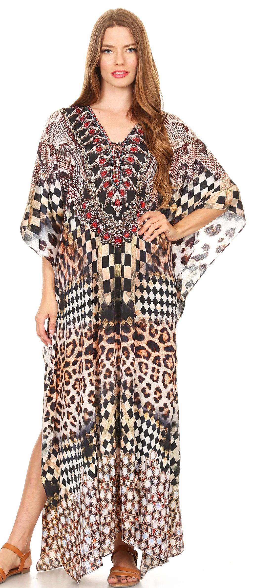 Flowy Rhinestone V-Neck Caftan Dress