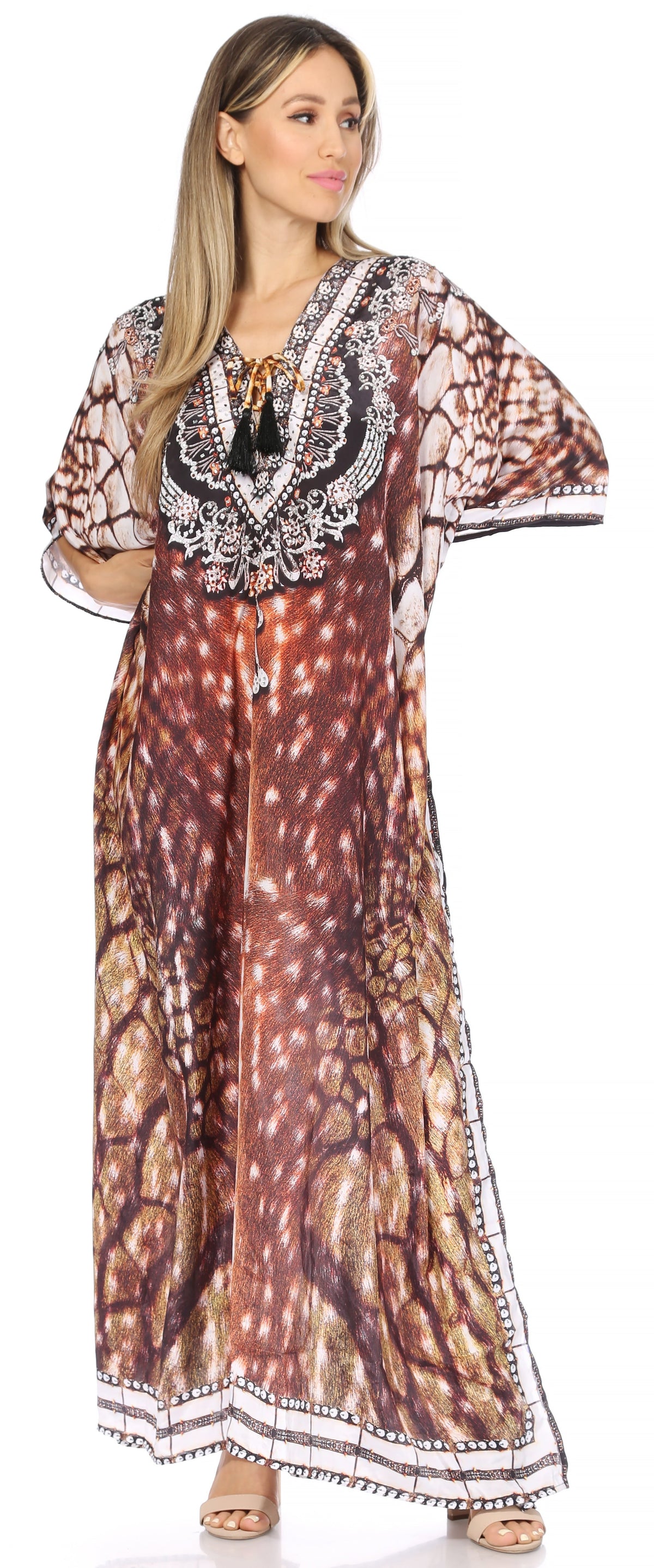 Flowy Rhinestone V-Neck Caftan Dress