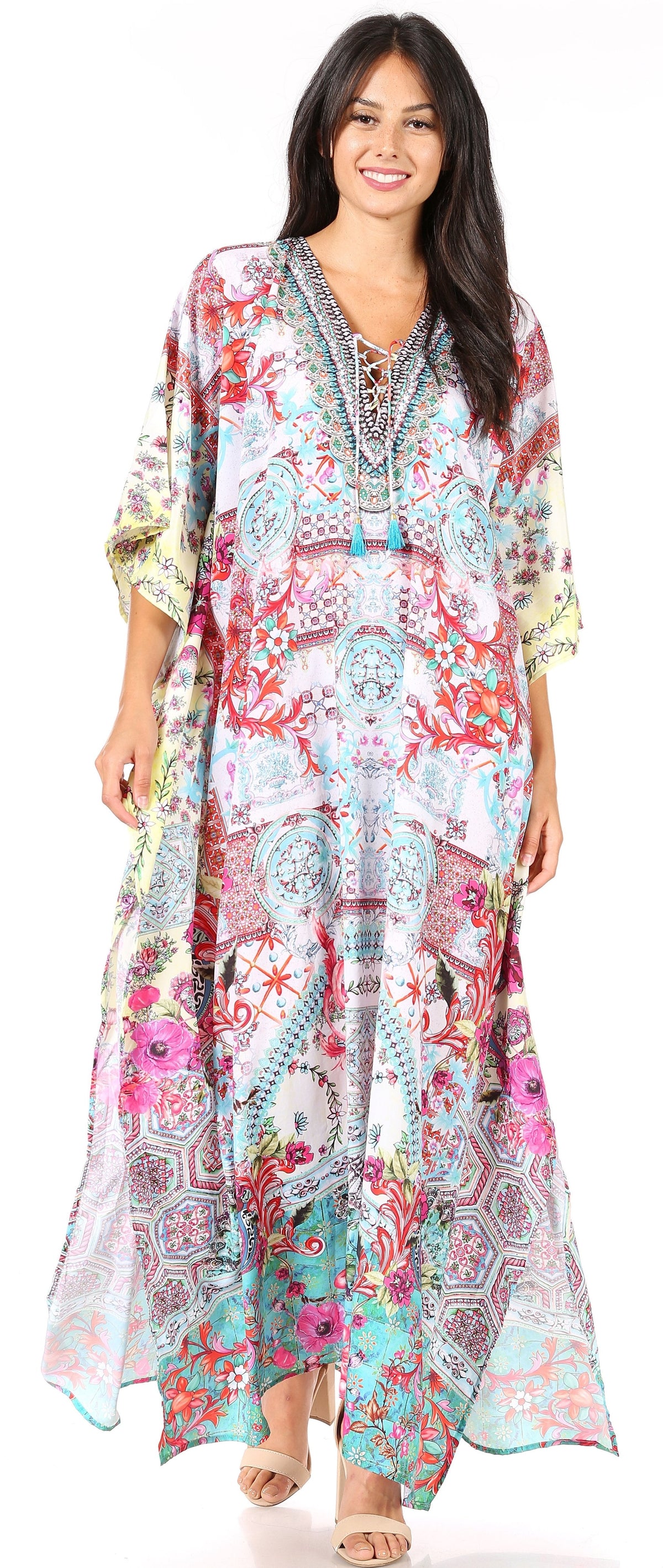 Flowy Rhinestone V-Neck Caftan Dress