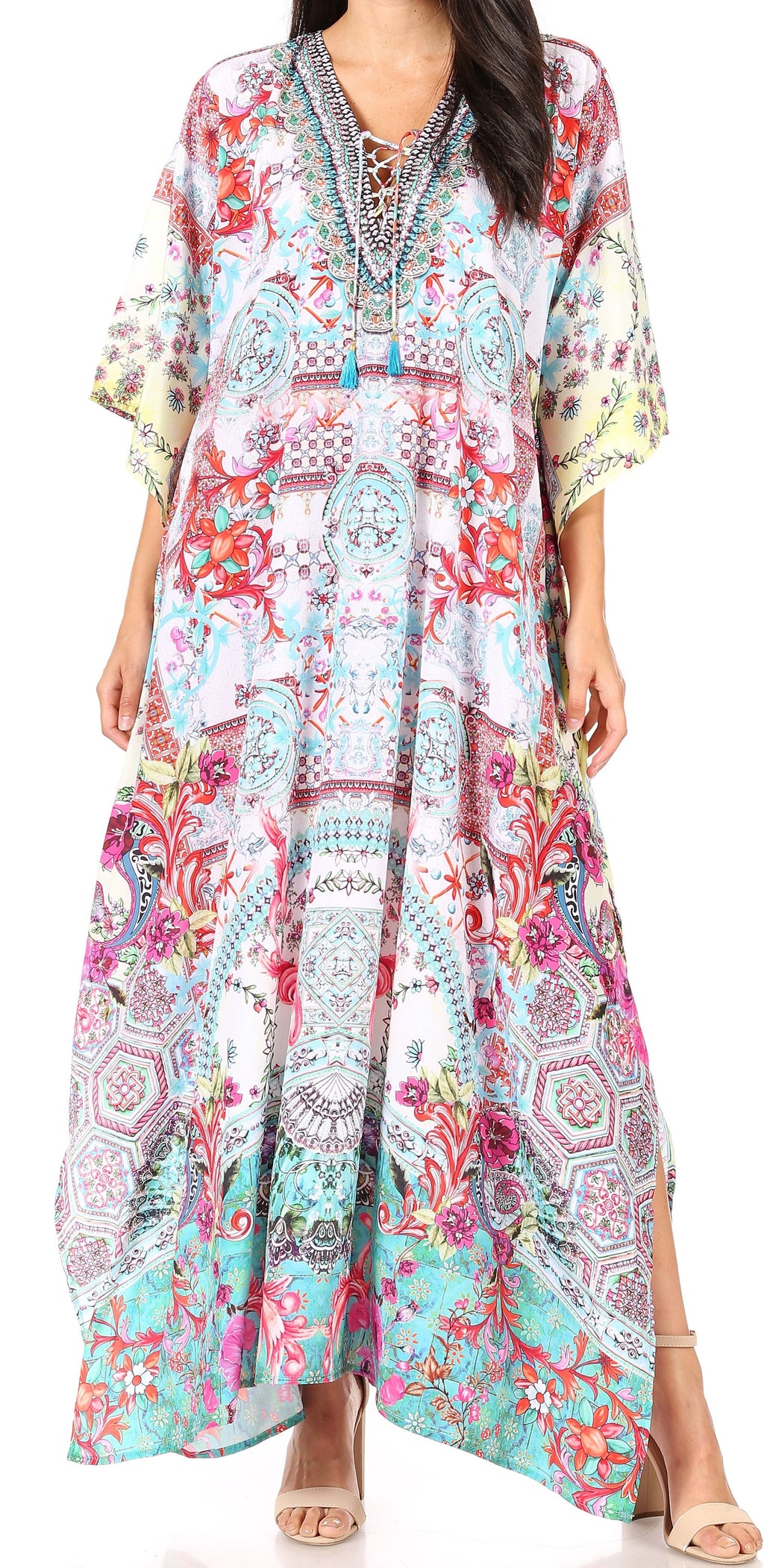 Flowy Rhinestone V-Neck Caftan Dress