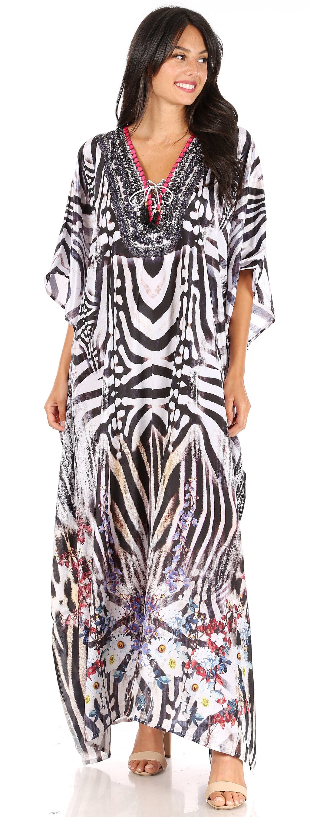 Flowy Rhinestone V-Neck Caftan Dress