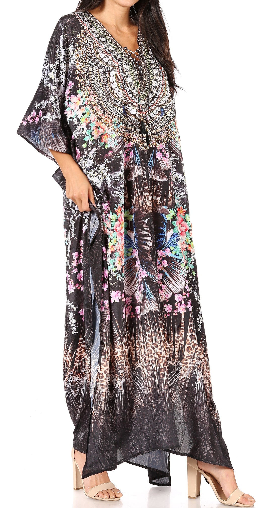 Flowy Rhinestone V-Neck Caftan Dress