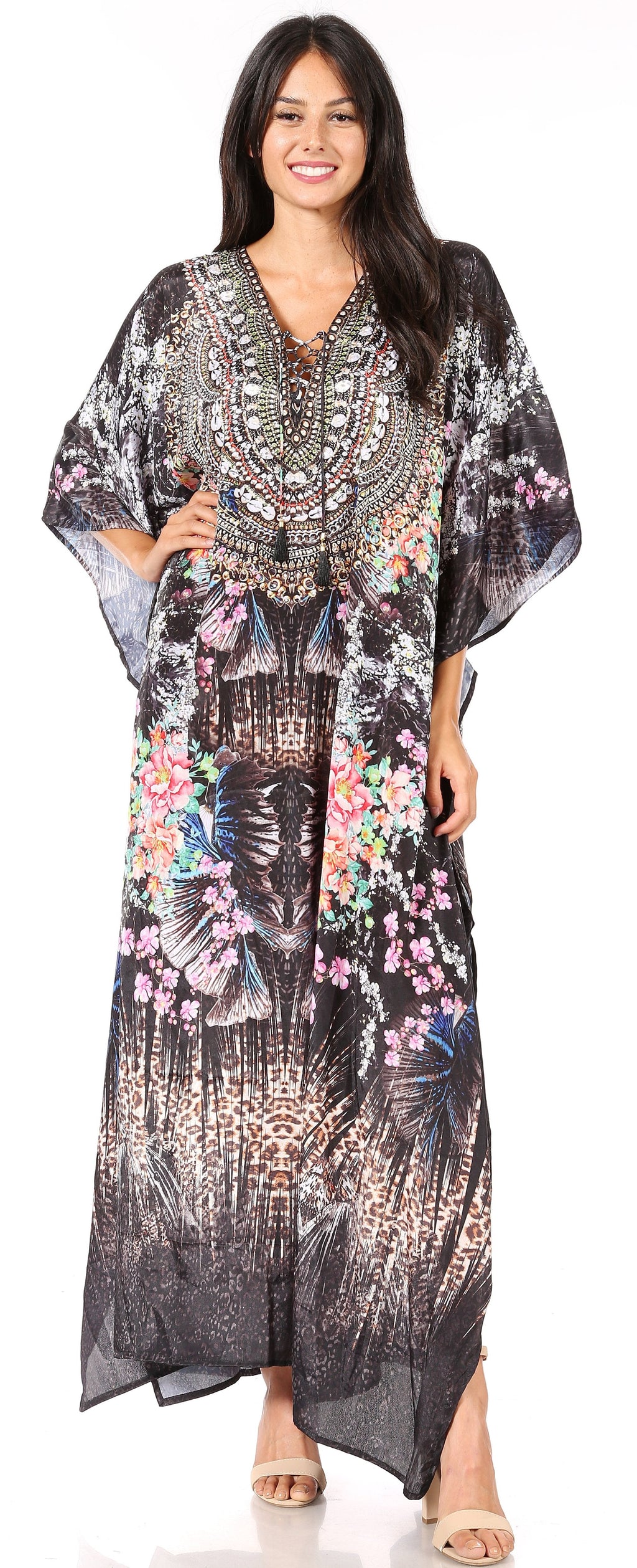 Flowy Rhinestone V-Neck Caftan Dress