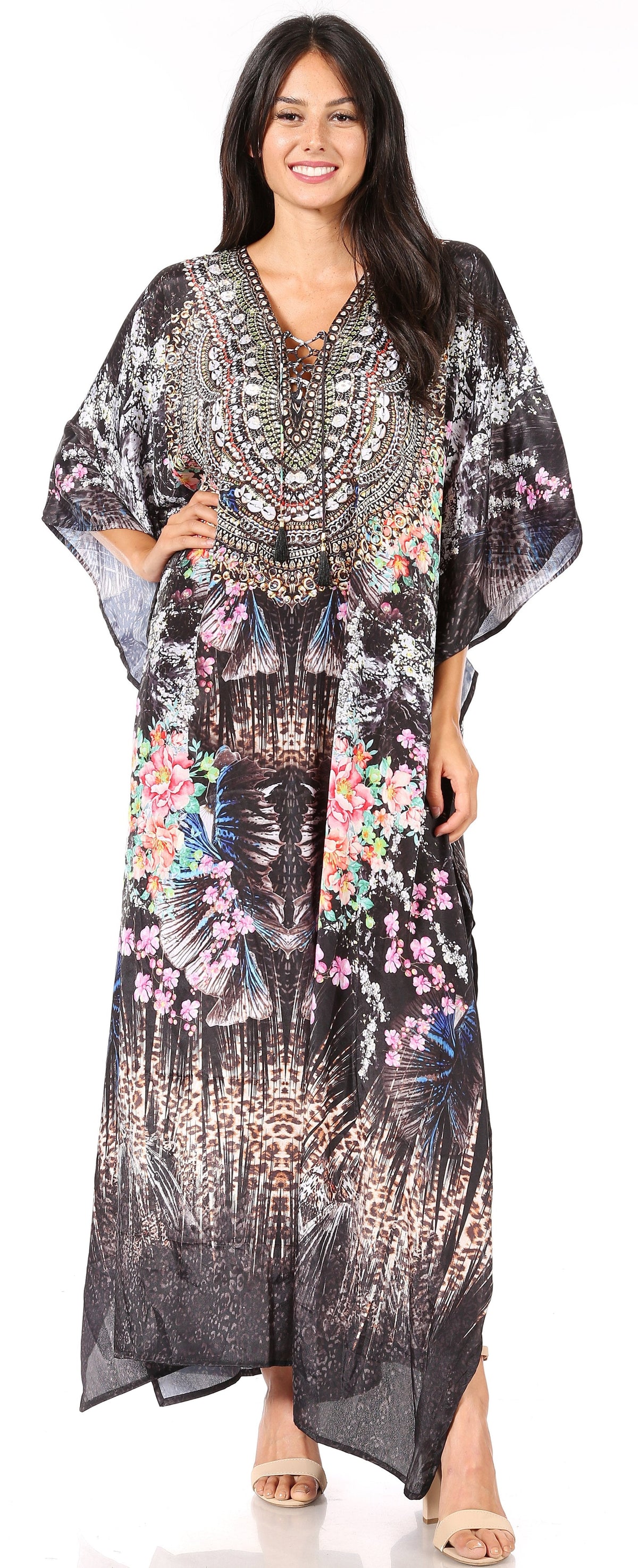 Flowy Rhinestone V-Neck Caftan Dress