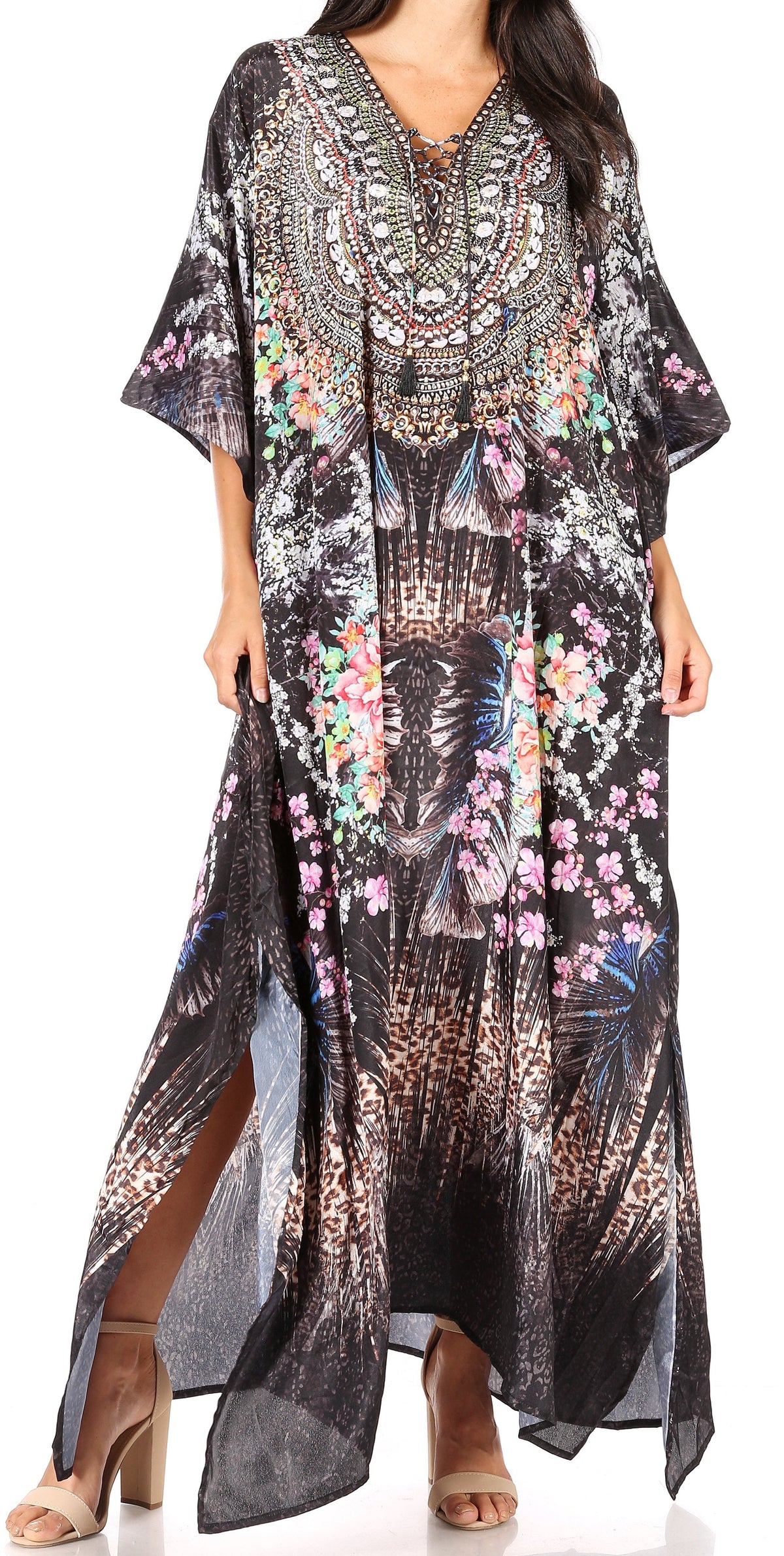 Flowy Rhinestone V-Neck Caftan Dress