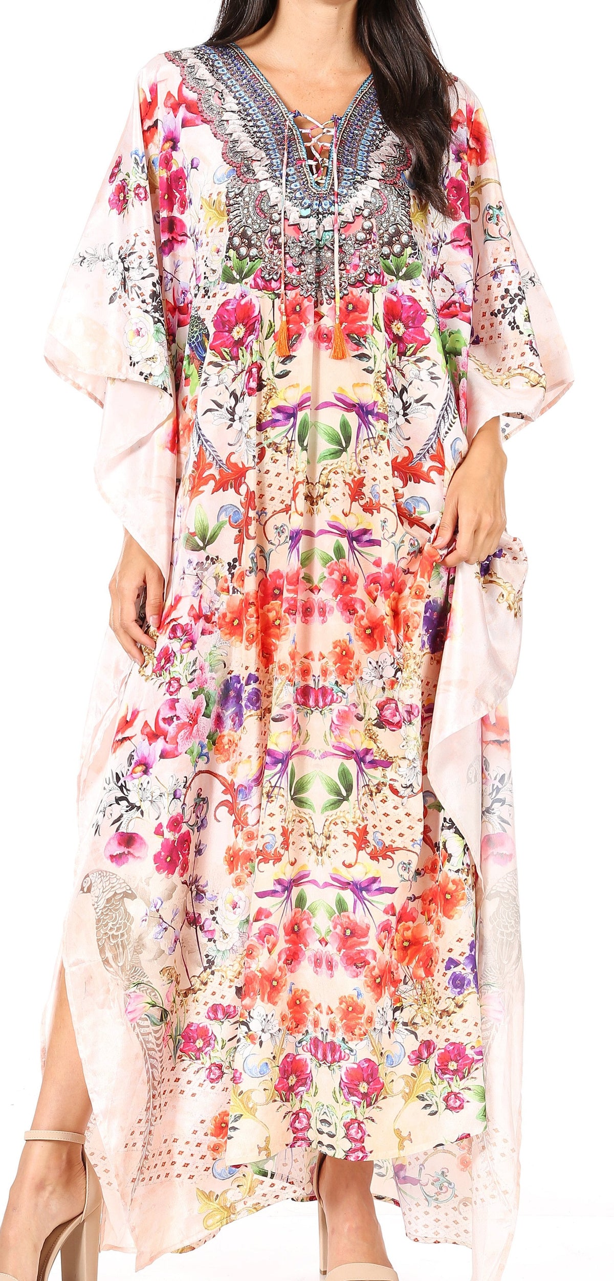 Flowy Rhinestone V-Neck Caftan Dress