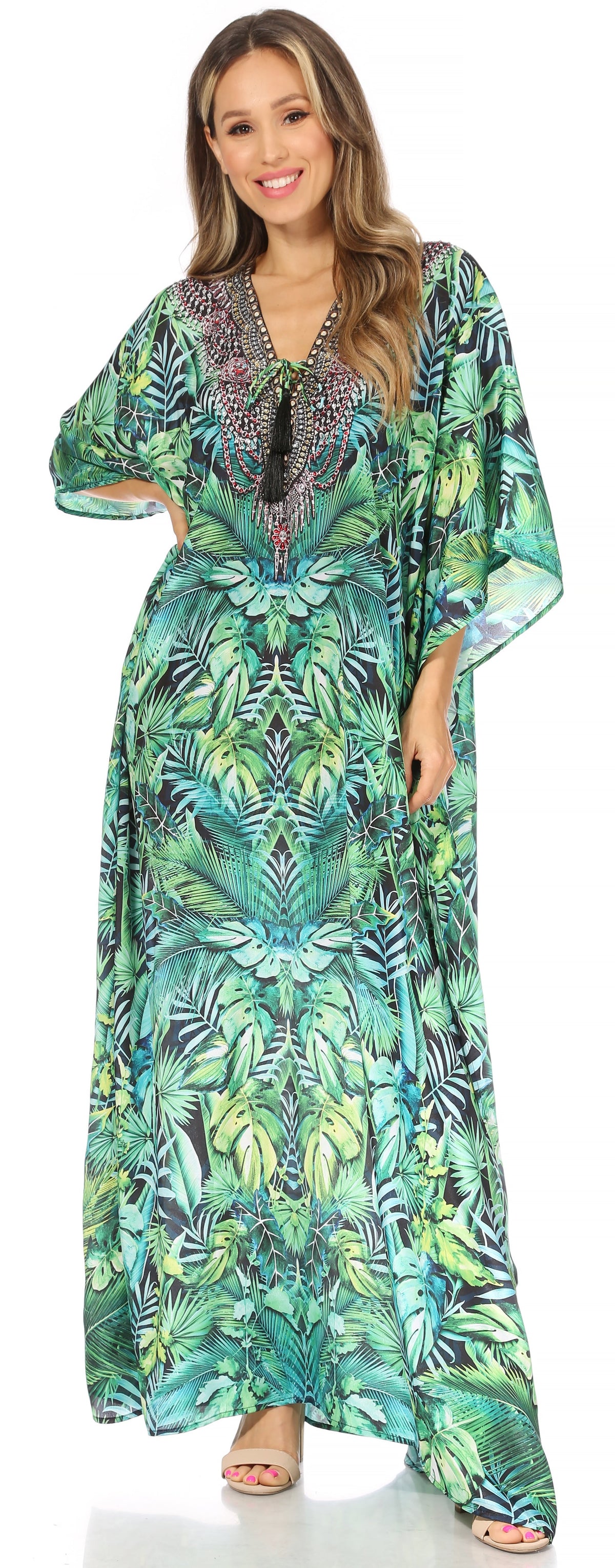 Flowy Rhinestone V-Neck Caftan Dress
