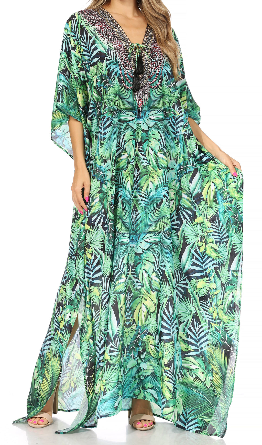 Flowy Rhinestone V-Neck Caftan Dress