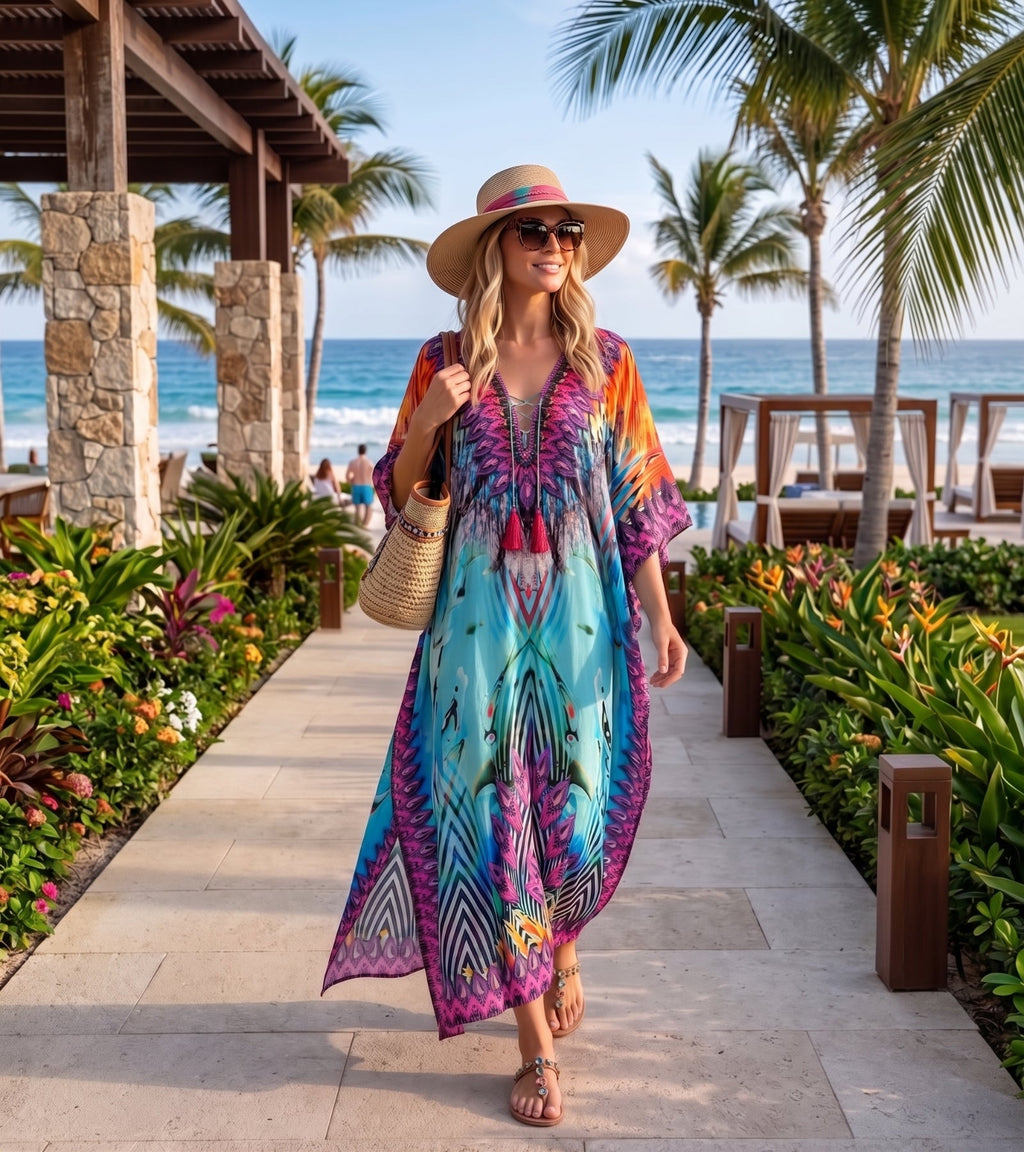 Flowy Rhinestone V-Neck Caftan Dress
