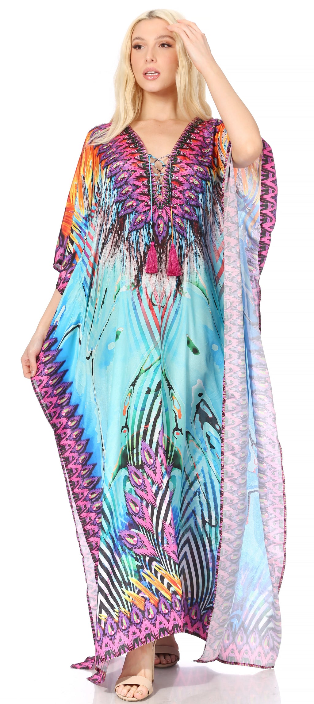 Flowy Rhinestone V-Neck Caftan Dress