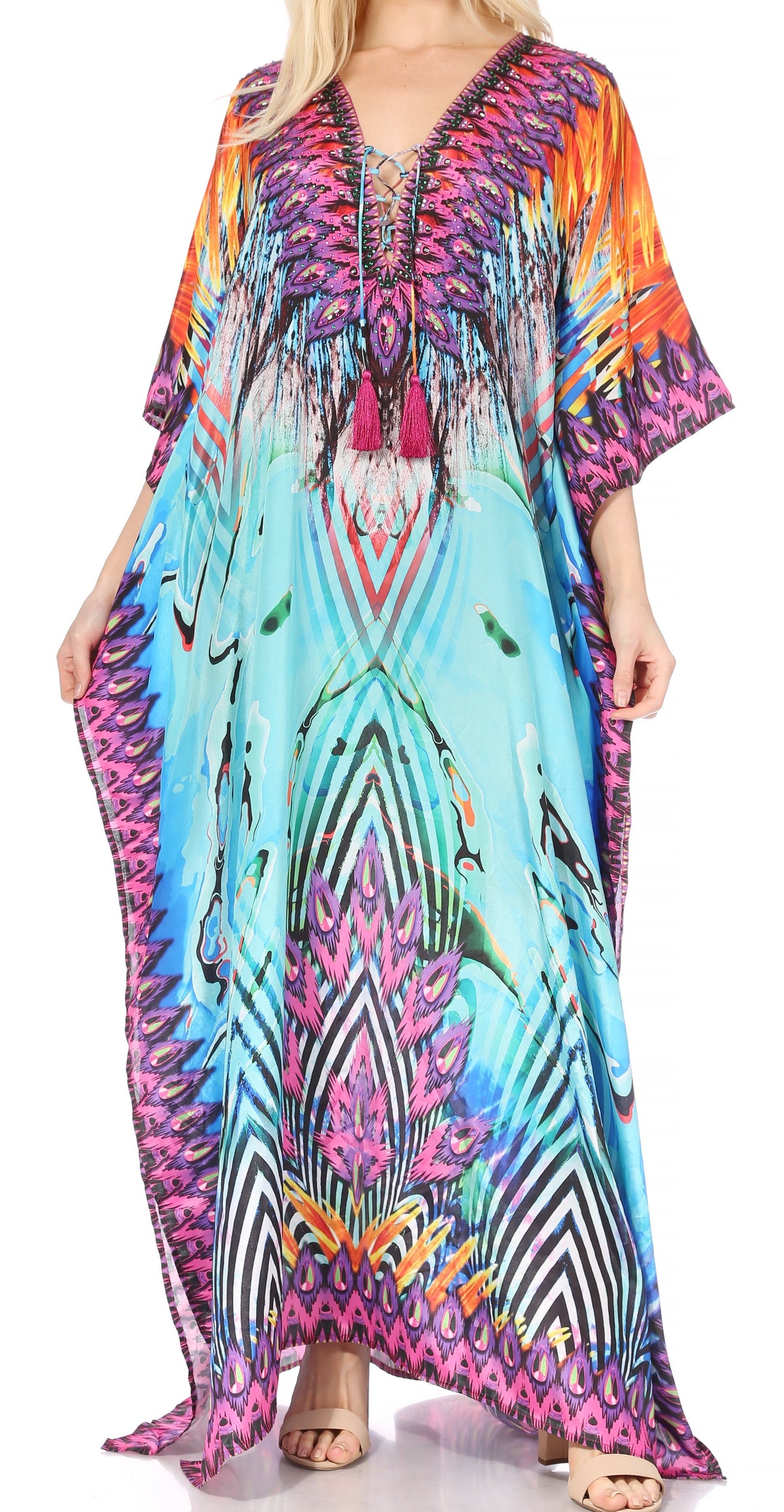 Flowy Rhinestone V-Neck Caftan Dress