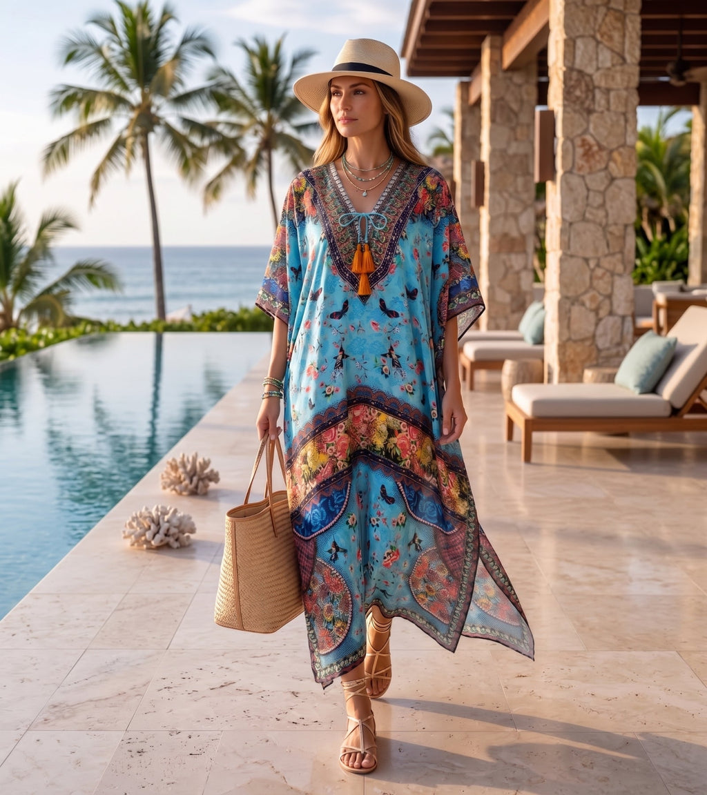 Flowy Rhinestone V-Neck Caftan Dress