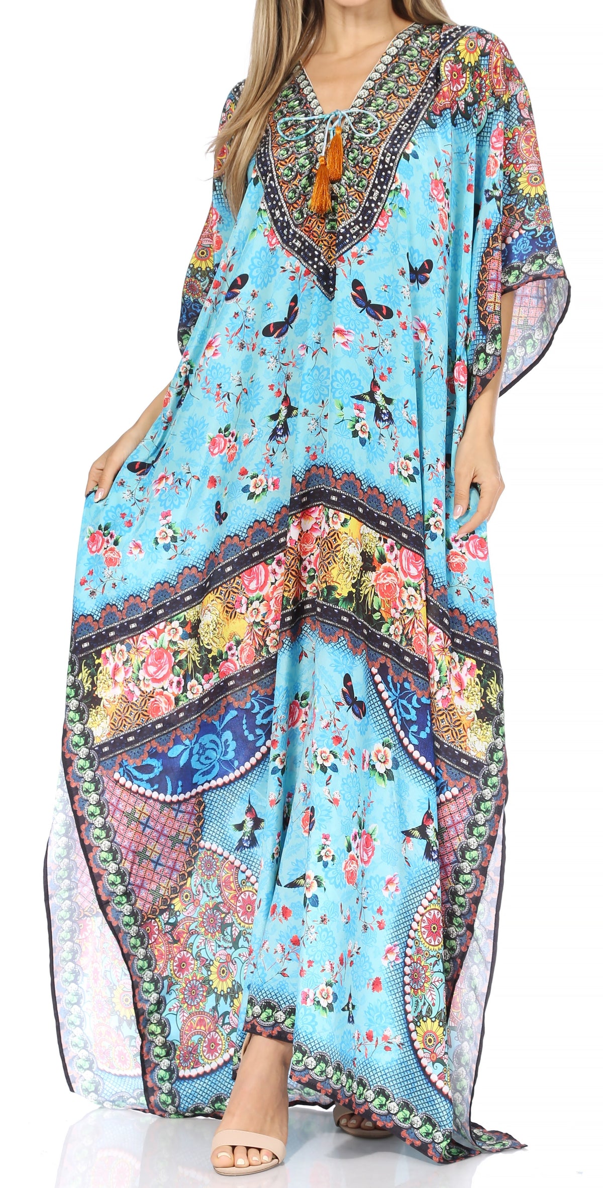 Flowy Rhinestone V-Neck Caftan Dress