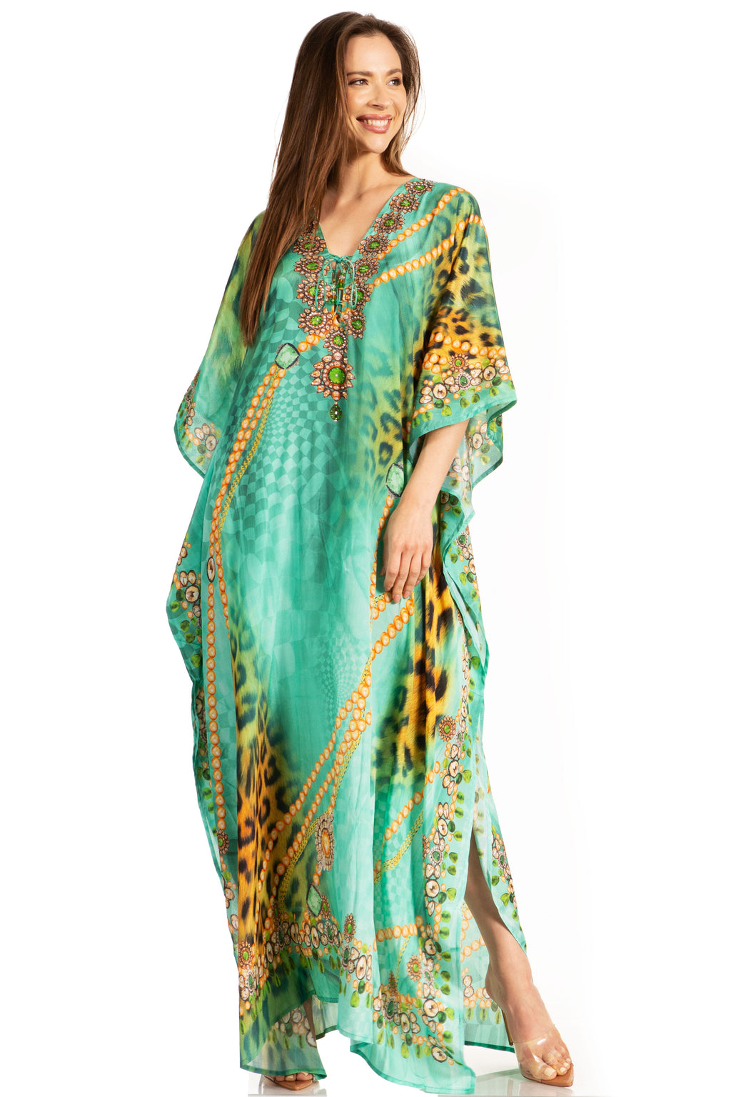 Flowy Rhinestone V-Neck Caftan Dress
