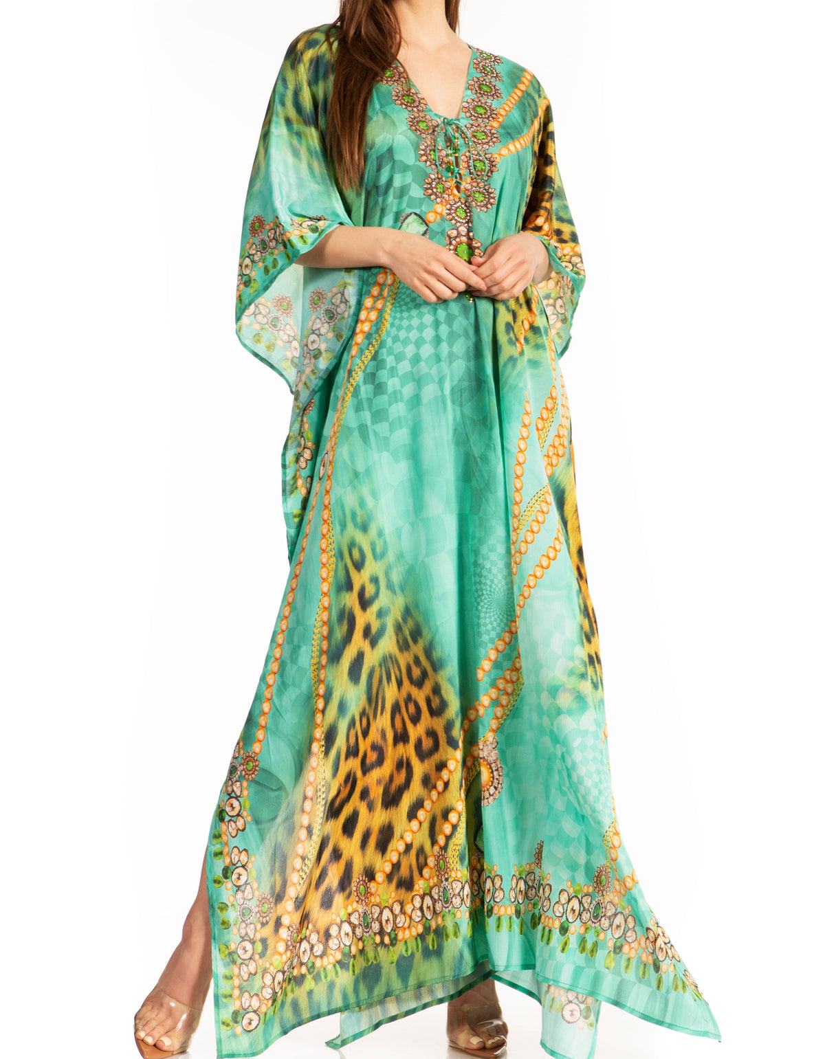 Flowy Rhinestone V-Neck Caftan Dress