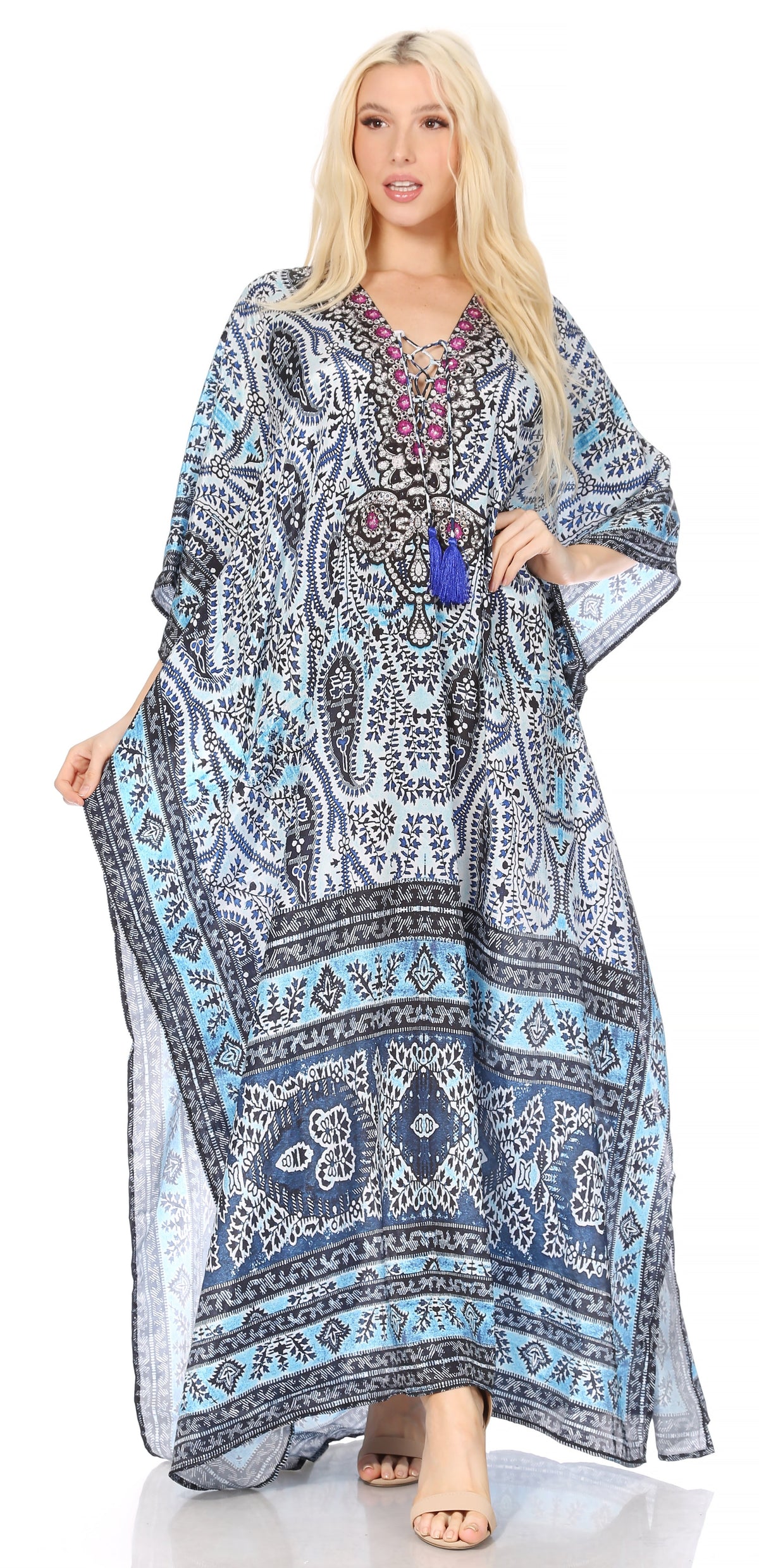 Flowy Rhinestone V-Neck Caftan Dress