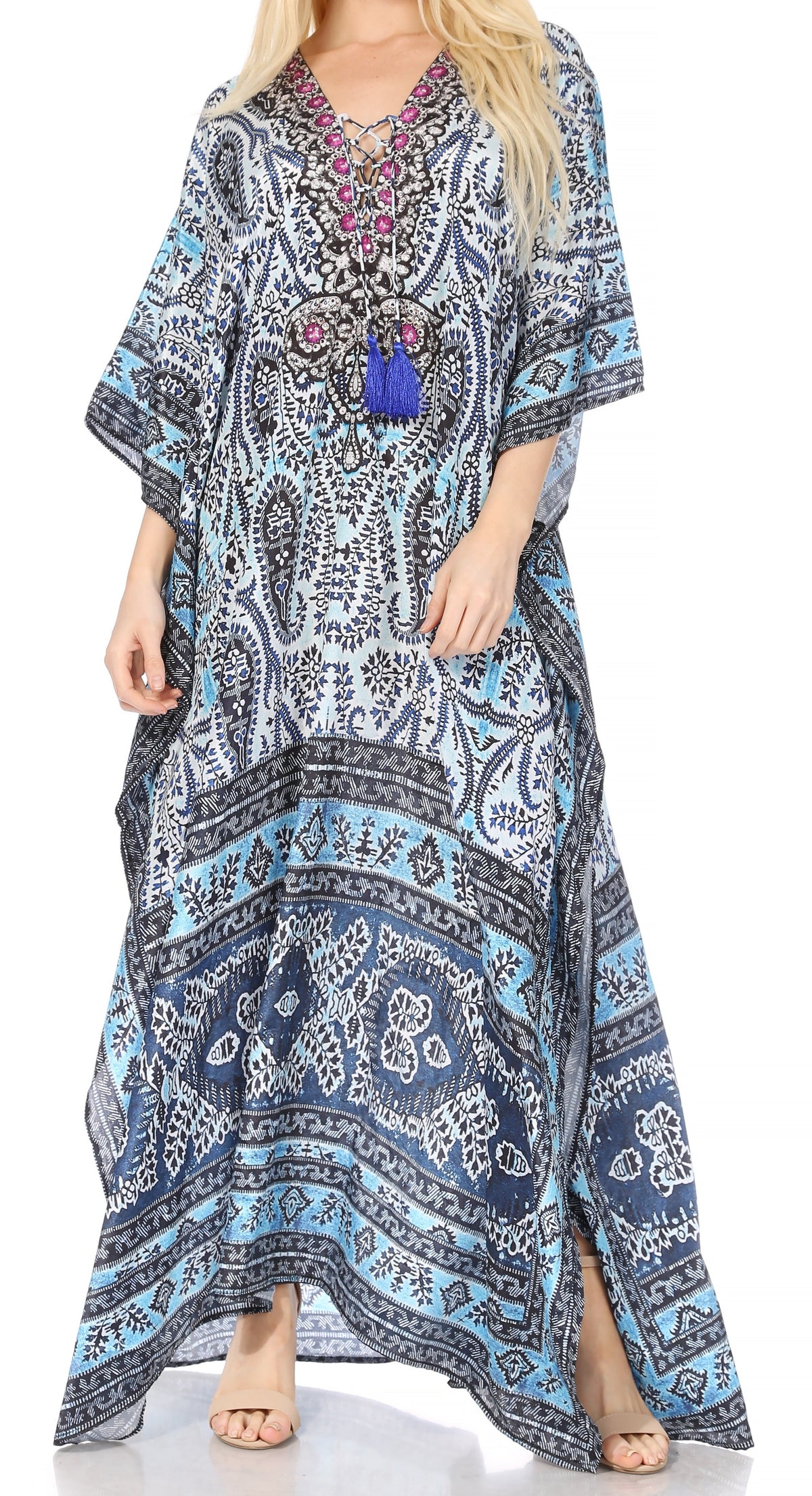 Flowy Rhinestone V-Neck Caftan Dress