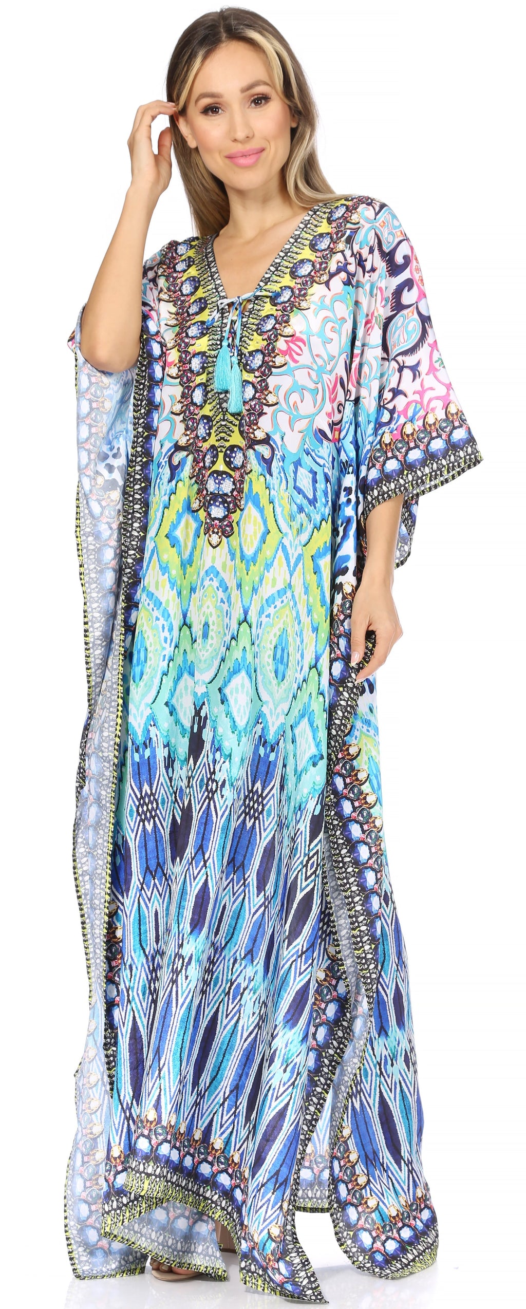 Flowy Rhinestone V-Neck Caftan Dress