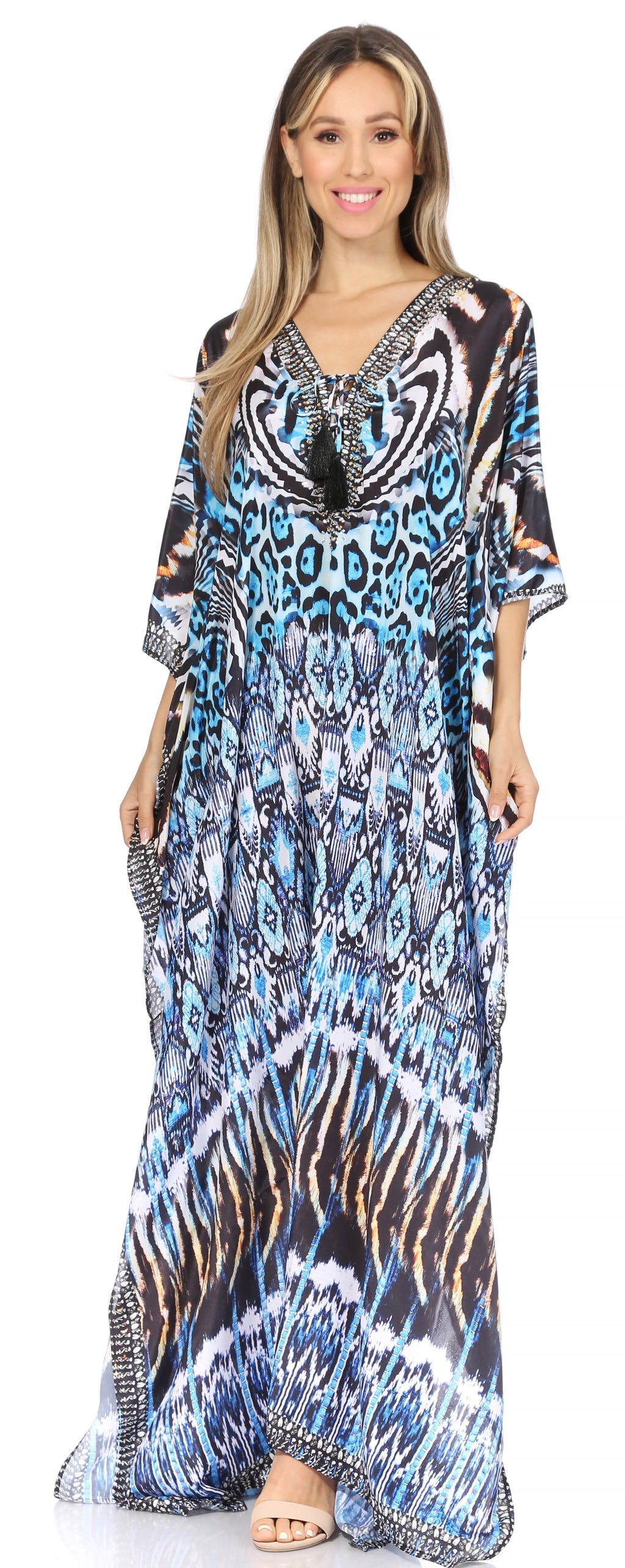 Flowy Rhinestone V-Neck Caftan Dress